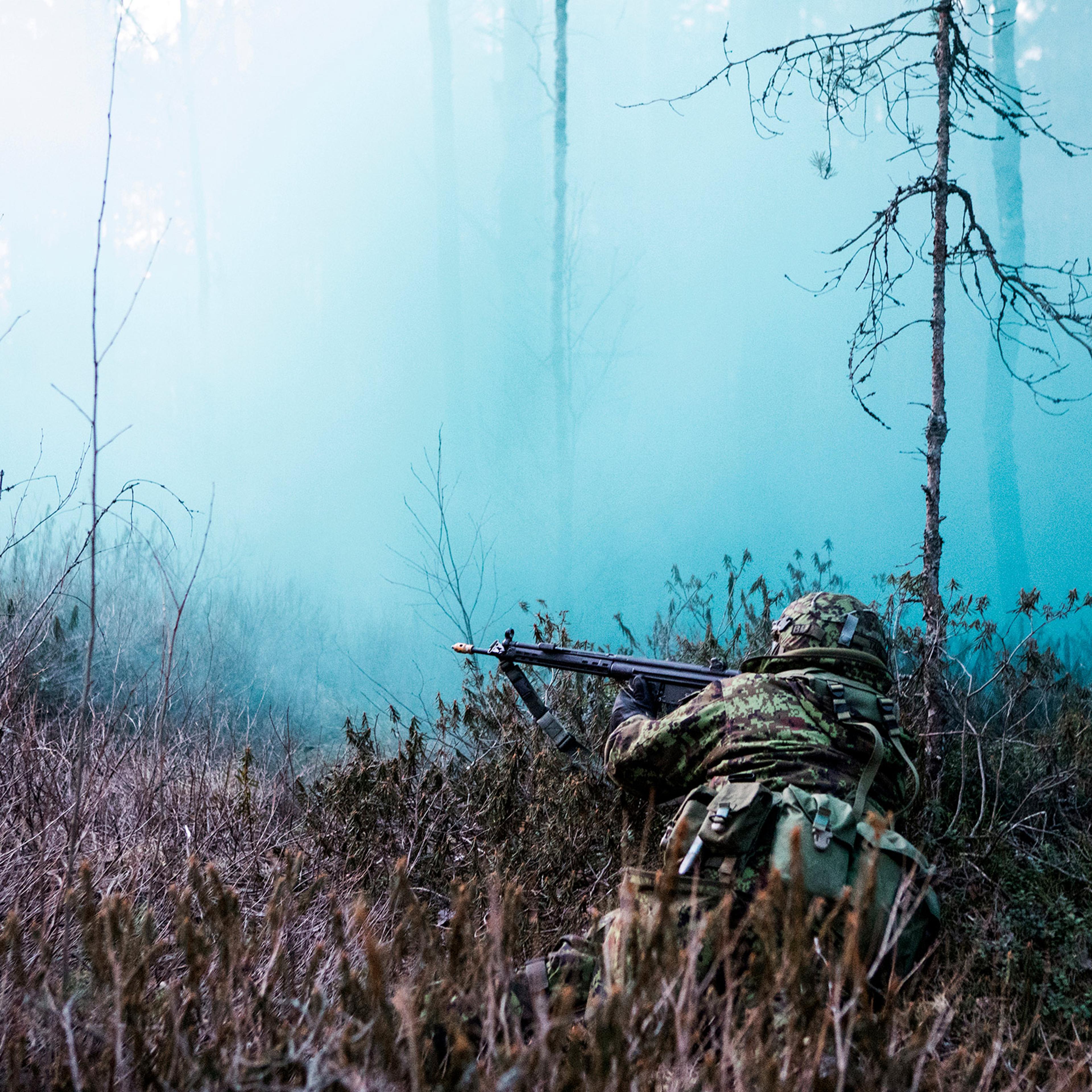 A member of the Estonian Defense League in the forests of Klooga, Estonia on March 27.
