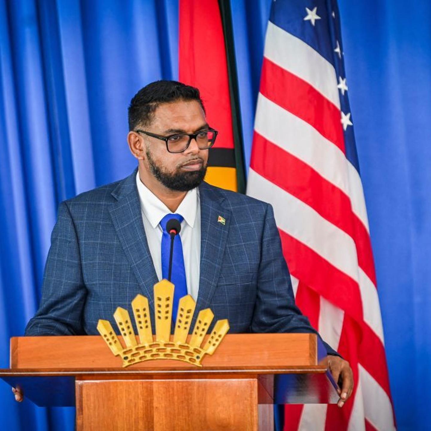 Guyanese President Irfaan Ali speaks during a joint press conference with US Secretary of State Antony Blinken (not in frame) in Georgetown, Guyana on July 6, 2023.