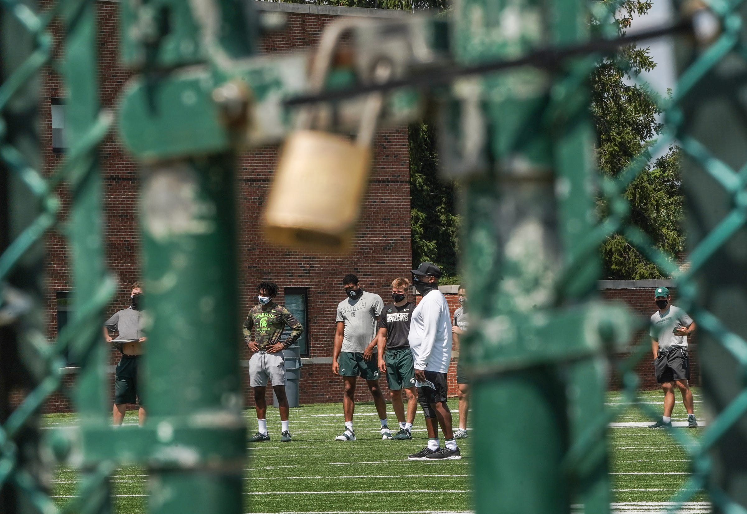 Michigan State University football players at practice a day before the Big Ten canceled the fall season