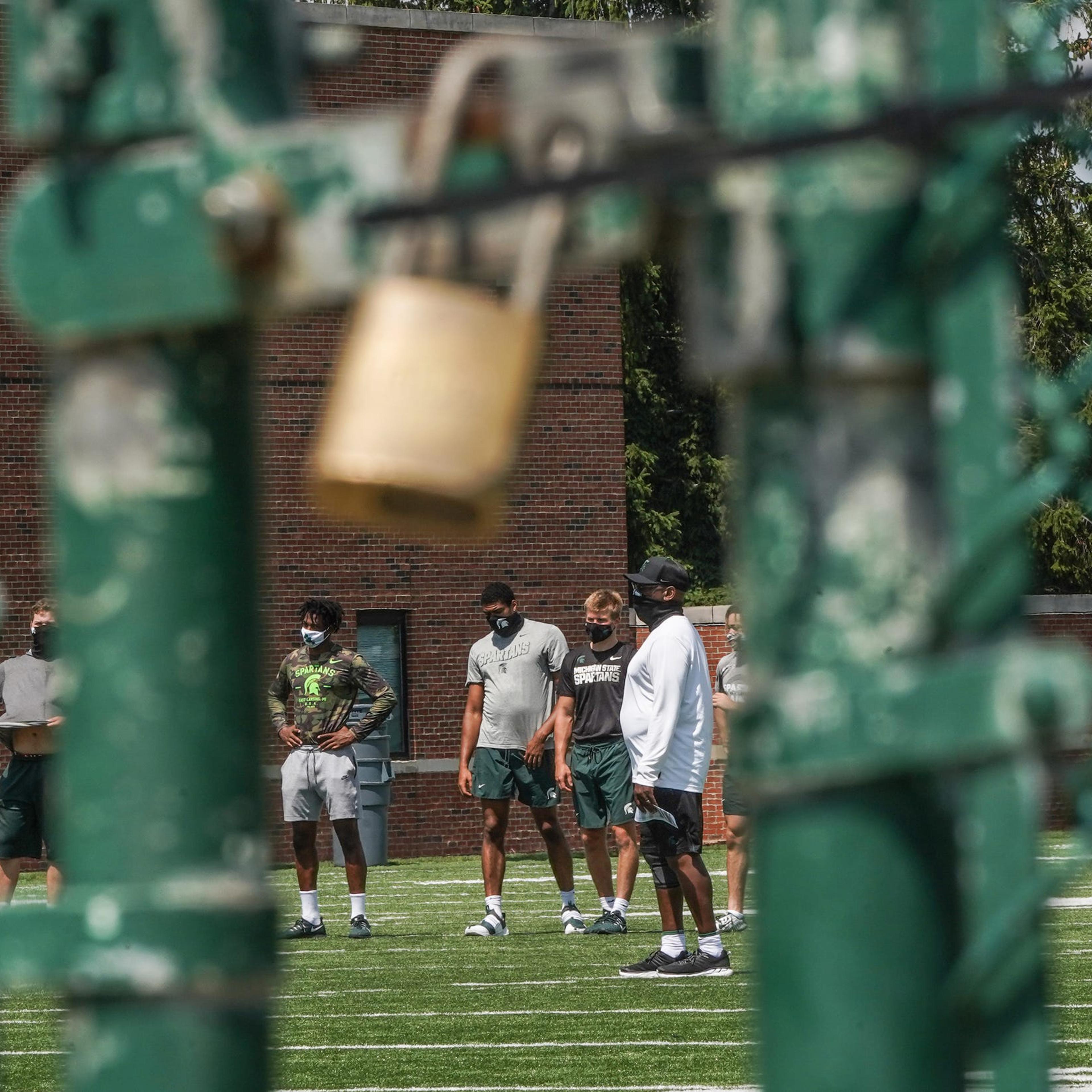 Michigan State University football players at practice a day before the Big Ten canceled the fall season