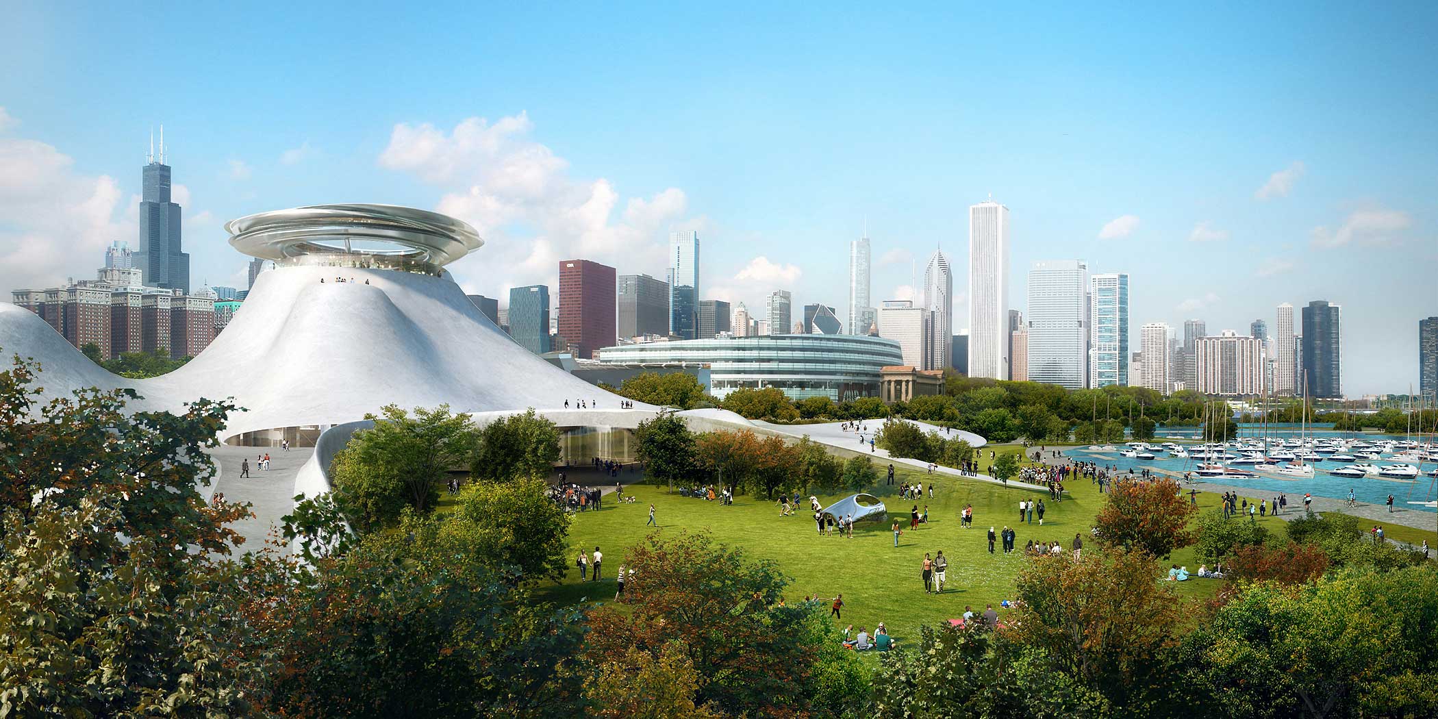 A computer rendering of the proposed Lucas Museum of Narrative Art in Chicago