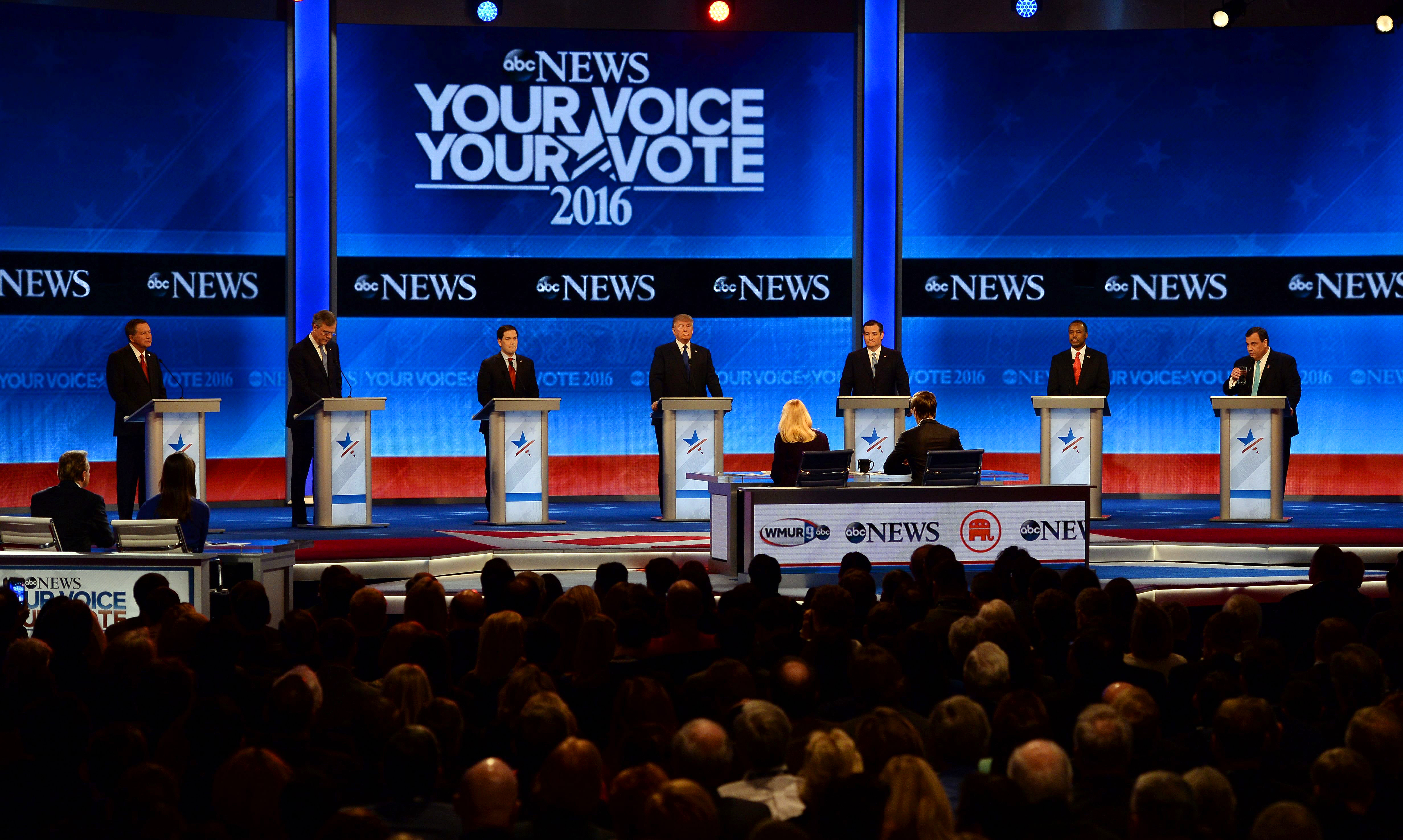 Candidates arrive for a Republican presidential debate on Feb. 6, 2016 at St. Anselm's College in Manchester, N.H. From left are: John Kasich, Jeb Bush, Marco Rubio, Donald Trump, Ted Cruz, Ben Carson, and Chris Christie.