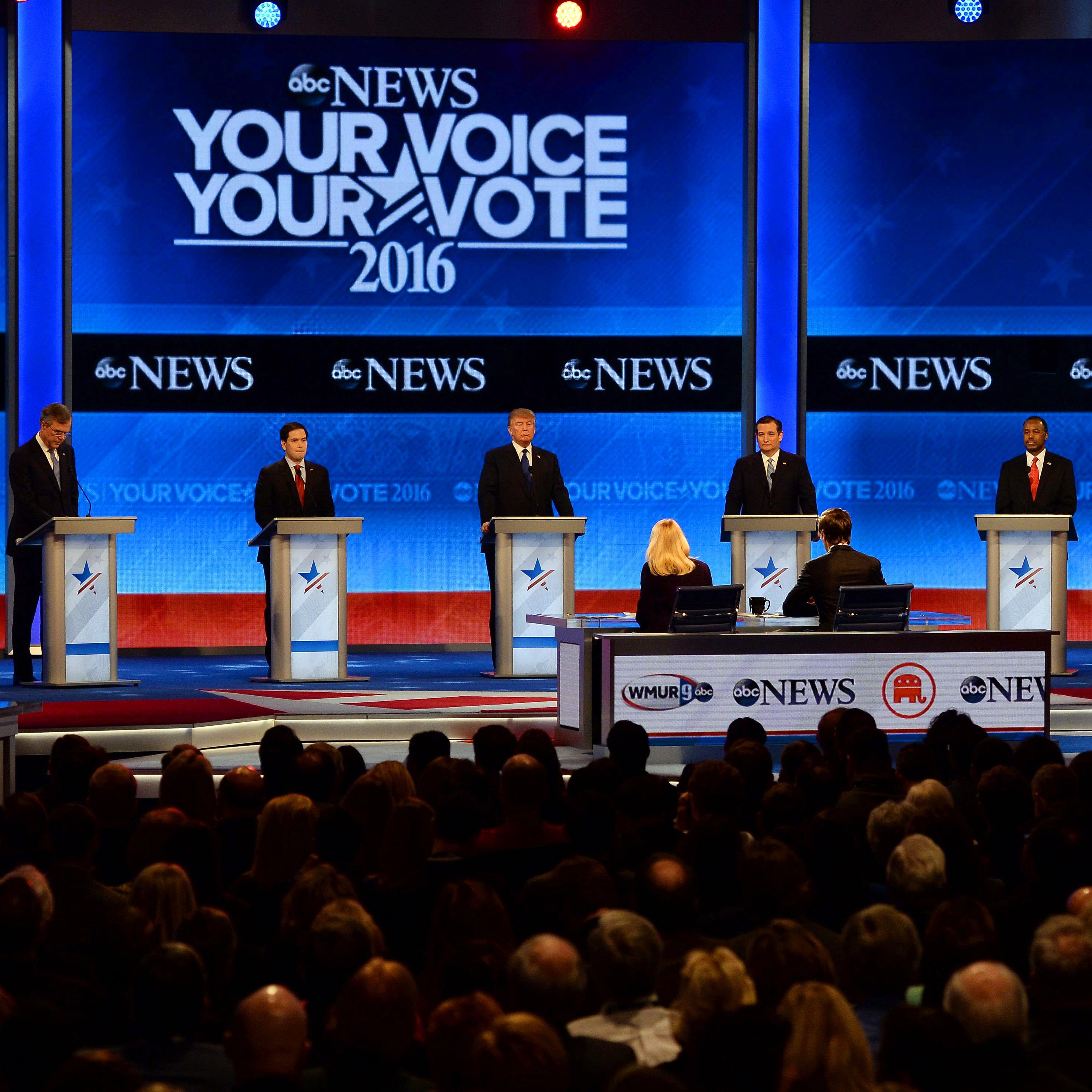 Candidates arrive for a Republican presidential debate on Feb. 6, 2016 at St. Anselm's College in Manchester, N.H. From left are: John Kasich, Jeb Bush, Marco Rubio, Donald Trump, Ted Cruz, Ben Carson, and Chris Christie.