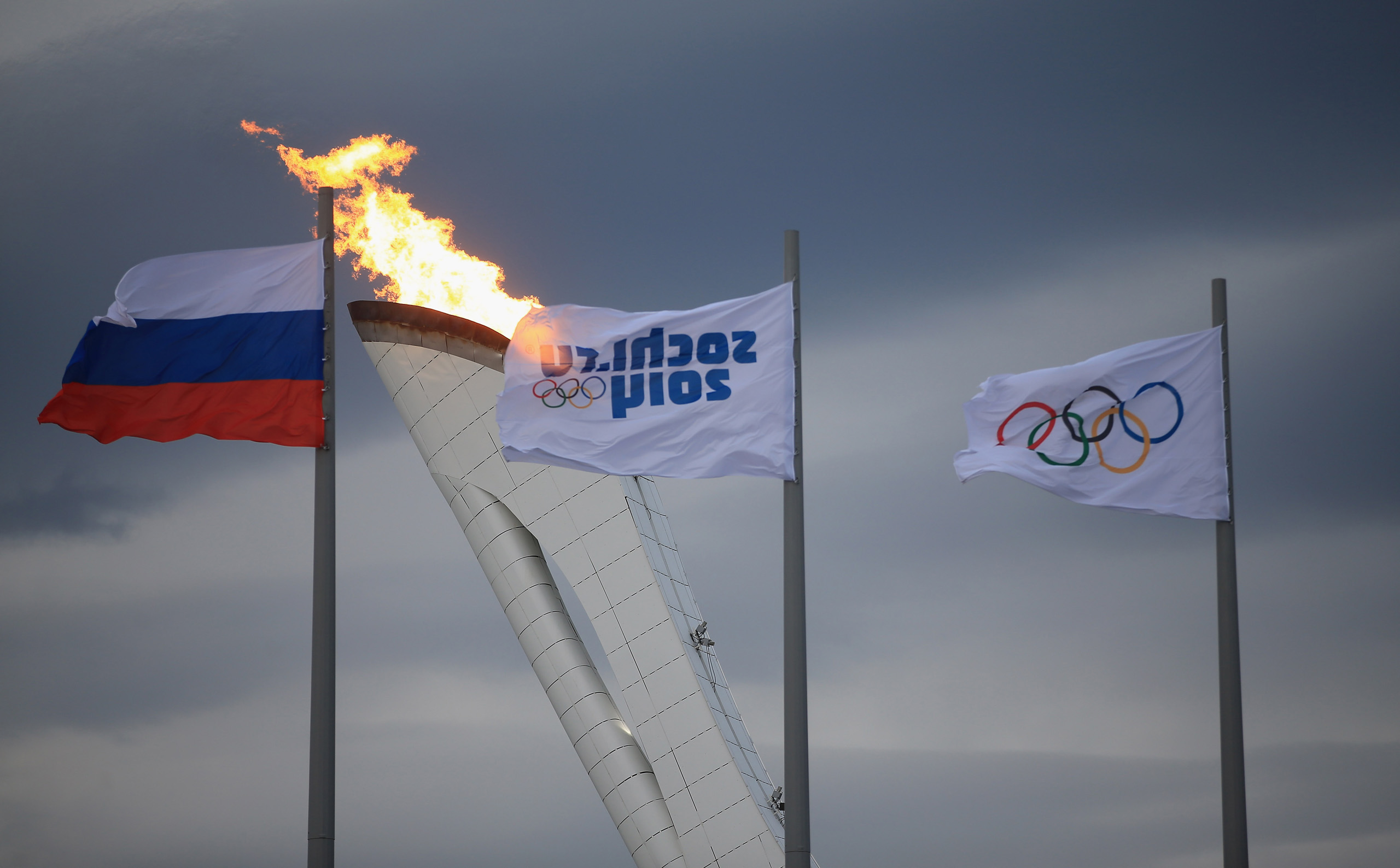 The Olympic Cauldron is tested by fire crews at the Sochi 2014 Winter Olympic Park in the Costal Cluster in Sochi, Russia on Jan. 27, 2014.