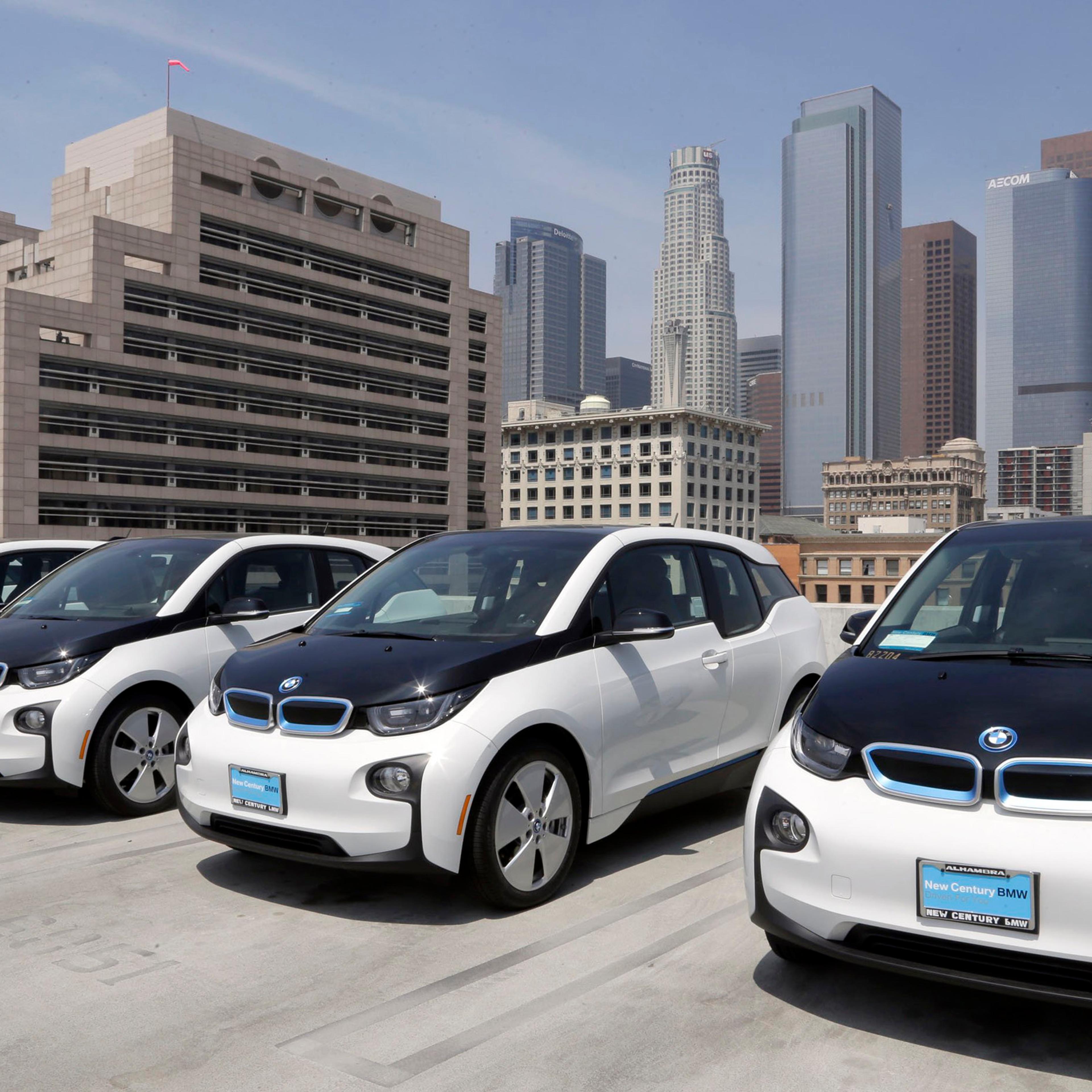 Electric cars are parked atop the Los Angeles Police Department parking lot, in Los Angeles, June 8, 2016.