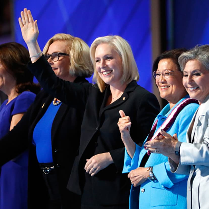Sen. Maria Cantwell (D-WA), Sen. Claire McCaskill (D-MO), Sen. Kirsten Gillibrand (D-NY), Sen. Mazie Hirono (D-HI), and Sen. Barbara Boxer (D-CA) acknowledge the crowd on the fourth day of the Democratic National Convention at the Wells Fargo Center, Jul