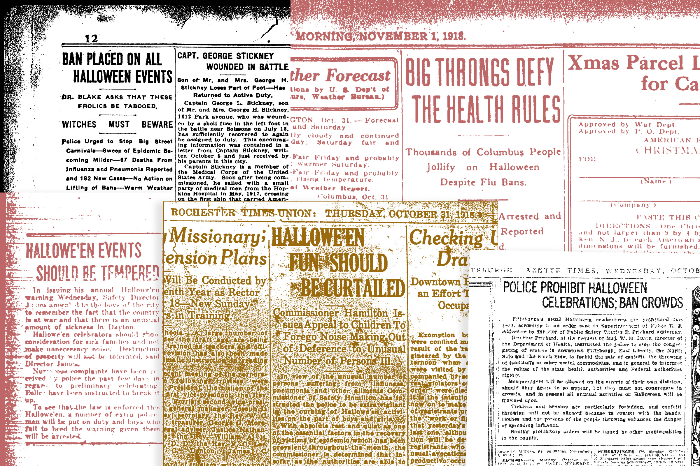 Newspaper headlines about Halloween precautions, 1918