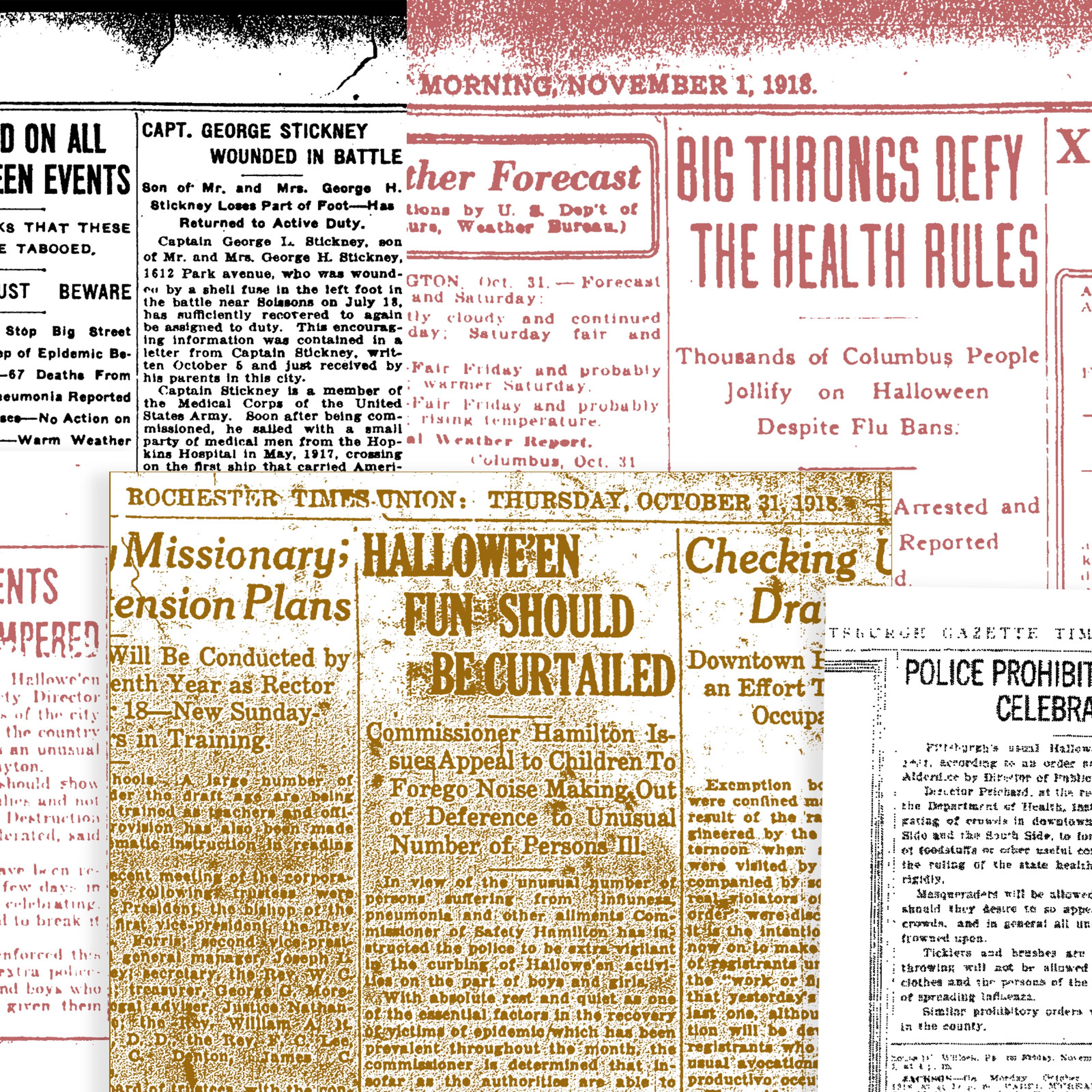 Newspaper headlines about Halloween precautions, 1918