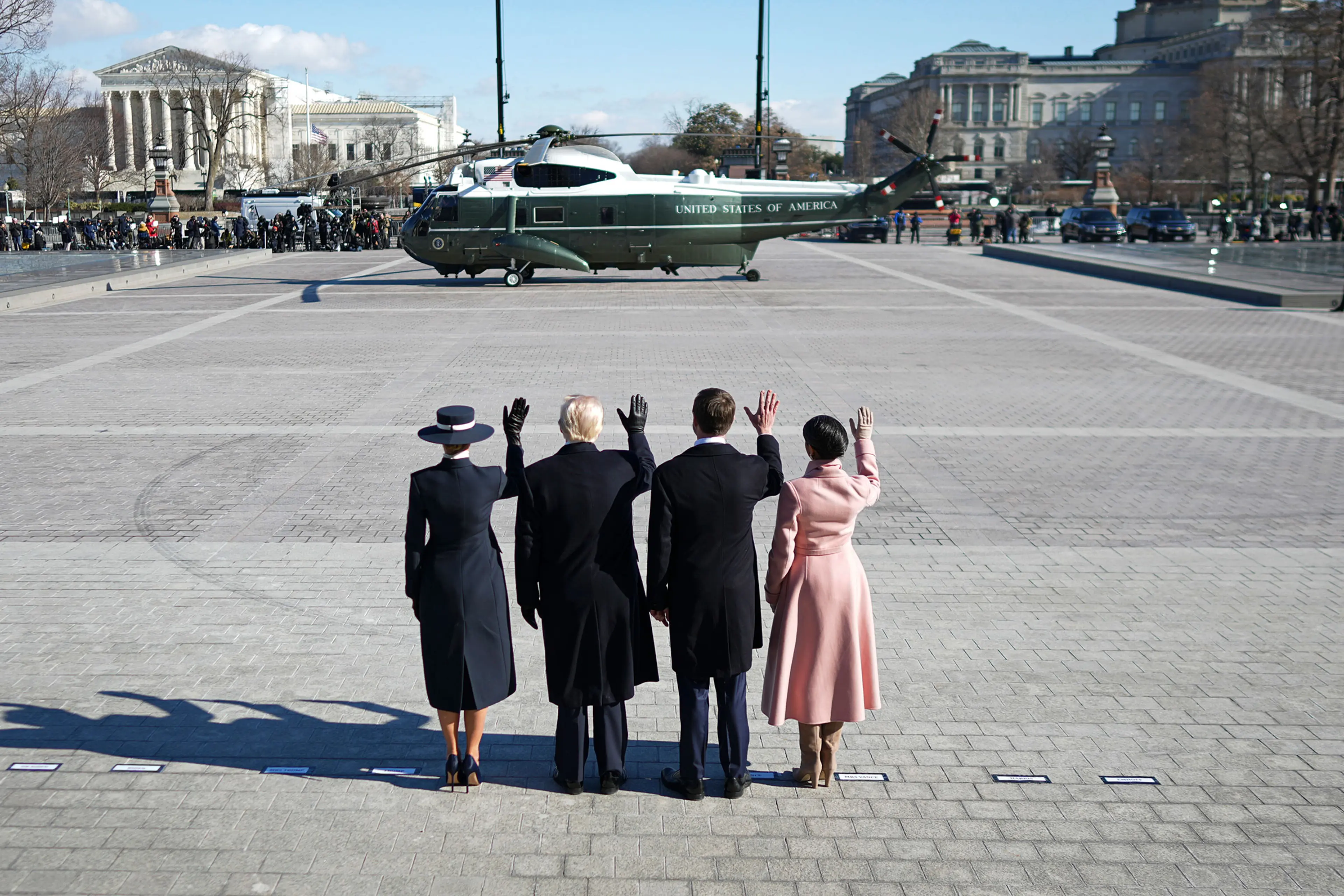 From left: First lady Melania Trump, President Donald Trump, Vice President JD Vance and second lady Usha Vance wave as former President Joe Biden and former first lady Jill Biden depart the Capitol after Trump's inauguration ceremony as the 47th preside