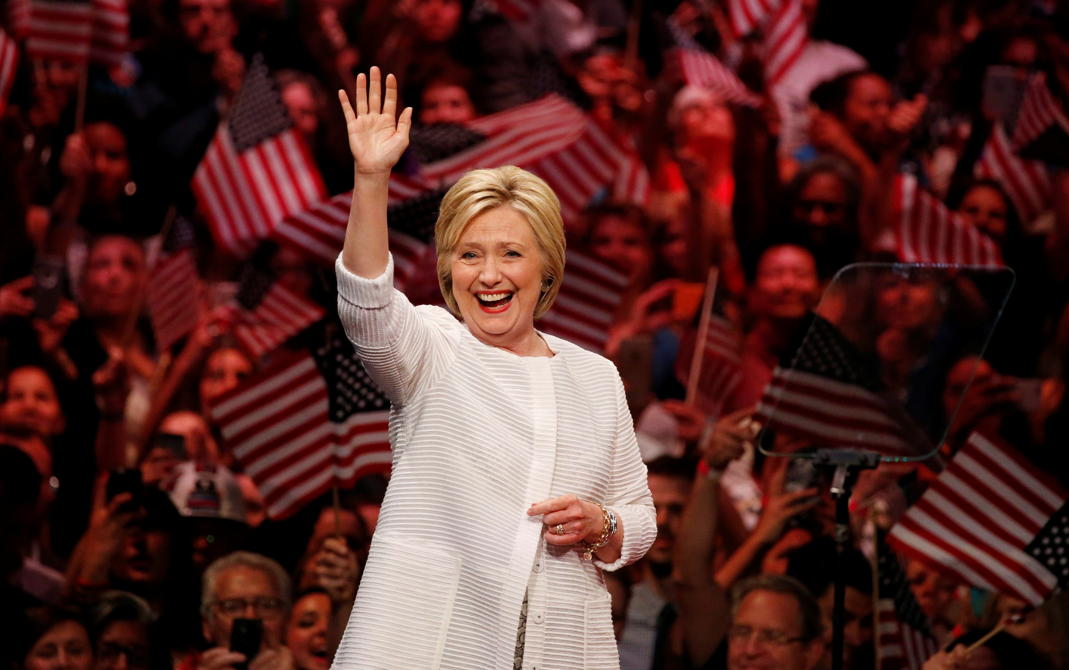 Democratic presidential candidate Hillary Clinton waves as she arrives to speak during her California primary night rally held in the Brooklyn borough of New York, June 7, 2016.