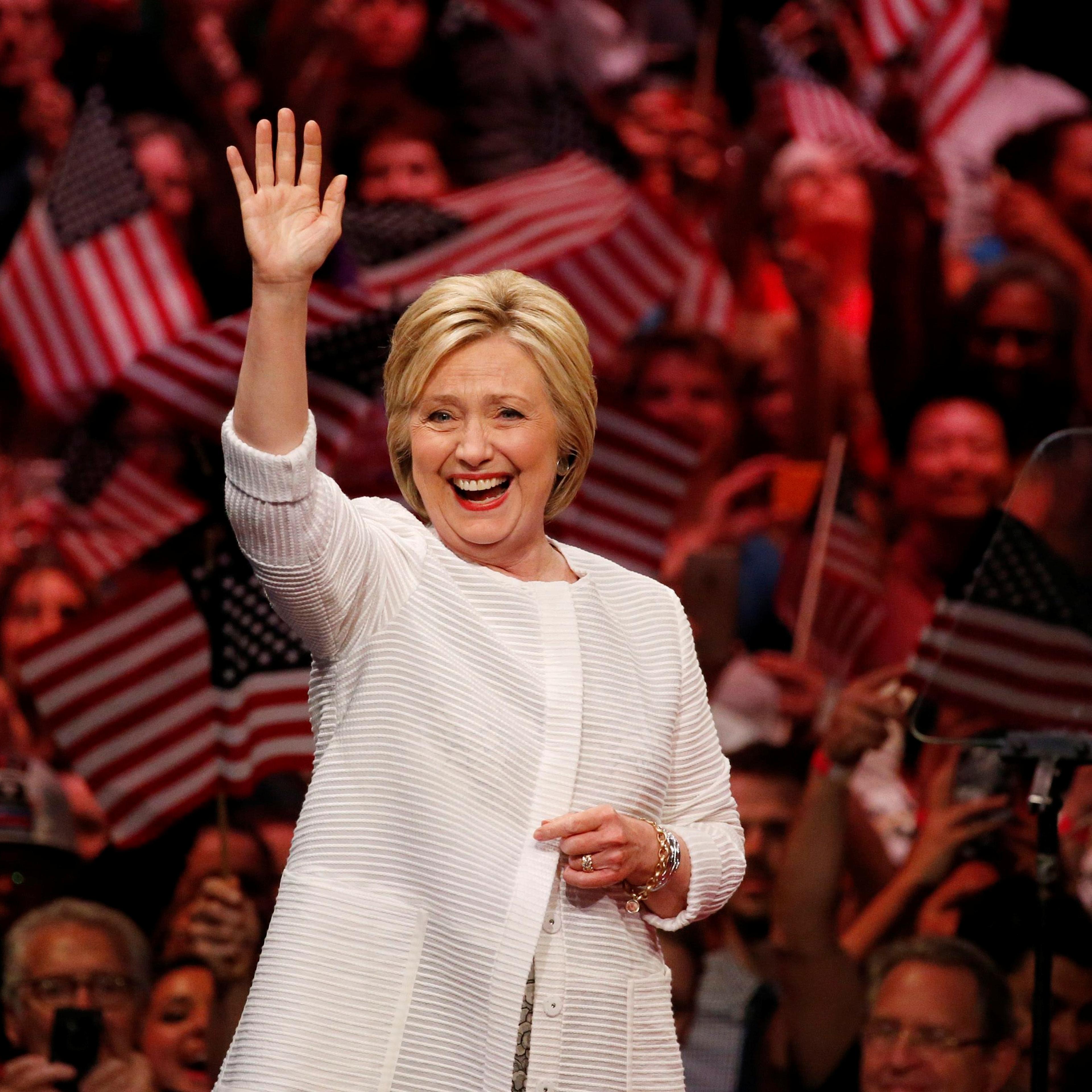 Democratic presidential candidate Hillary Clinton waves as she arrives to speak during her California primary night rally held in the Brooklyn borough of New York, June 7, 2016.