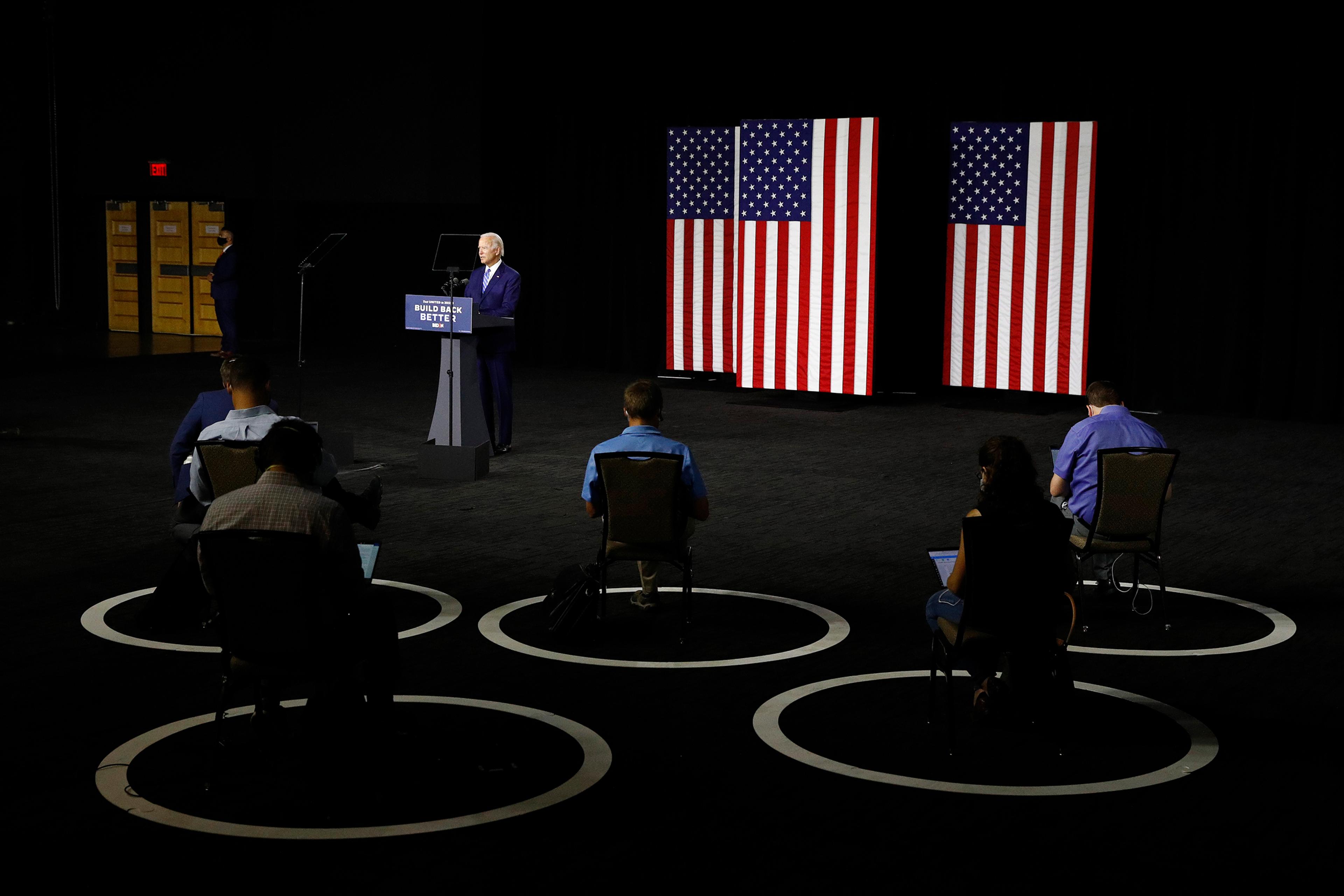 Biden at a socially distant campaign event in Wilmington, Del., on July 14