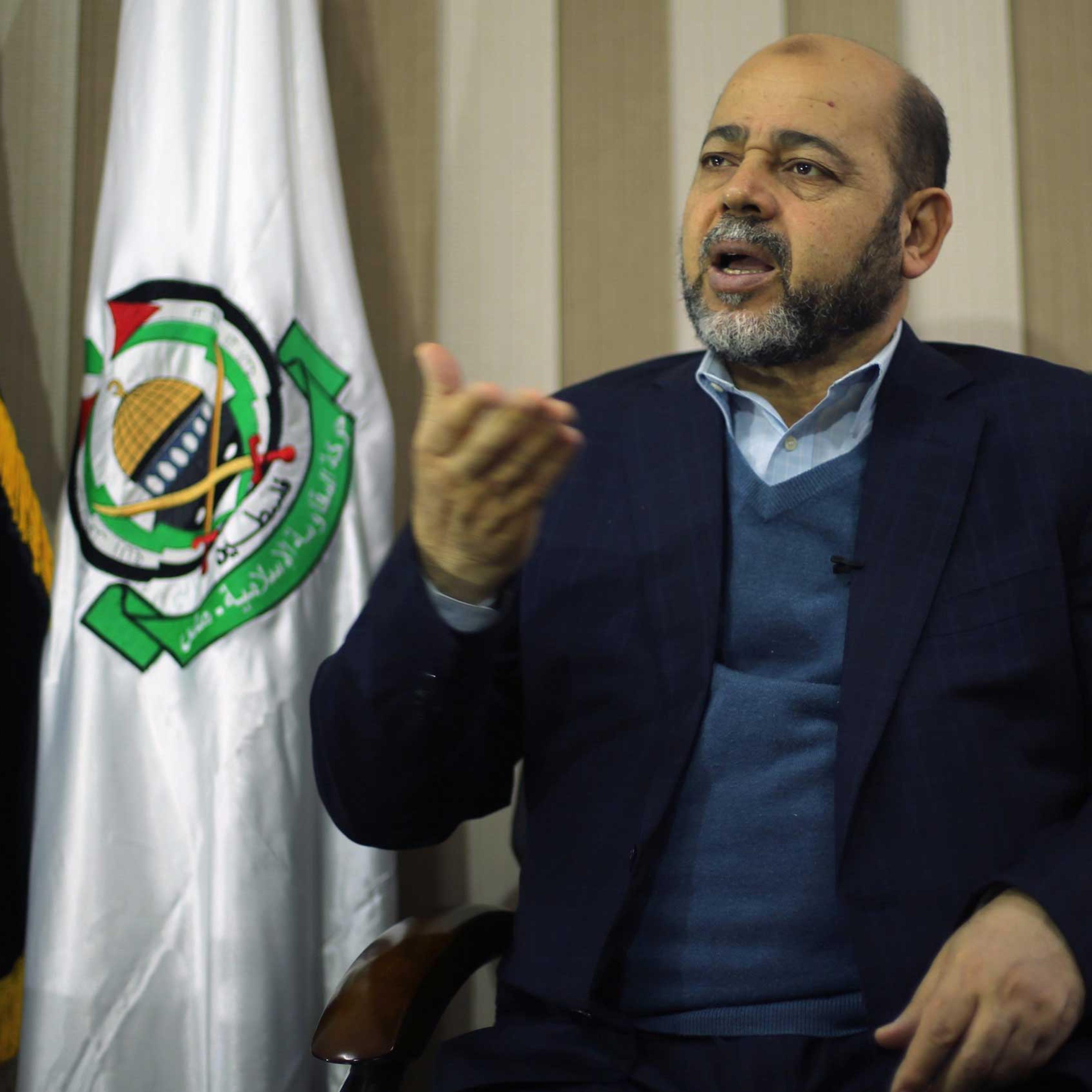 Deputy Hamas chief Moussa Abu Marzouk gestures during an interview with Reuters in Gaza City, Dec. 17, 2014.