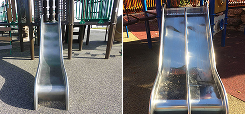 These images, courtesy of Playworld, show the Lightning Slide stainless steel playground slides recalled by Playworld on Dec. 6, 2016.