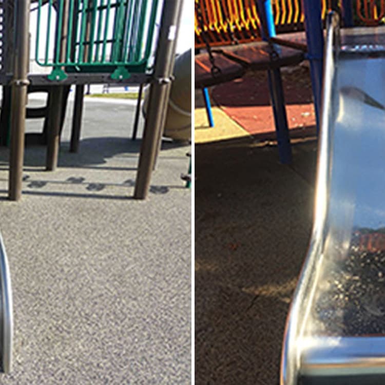 These images, courtesy of Playworld, show the Lightning Slide stainless steel playground slides recalled by Playworld on Dec. 6, 2016.