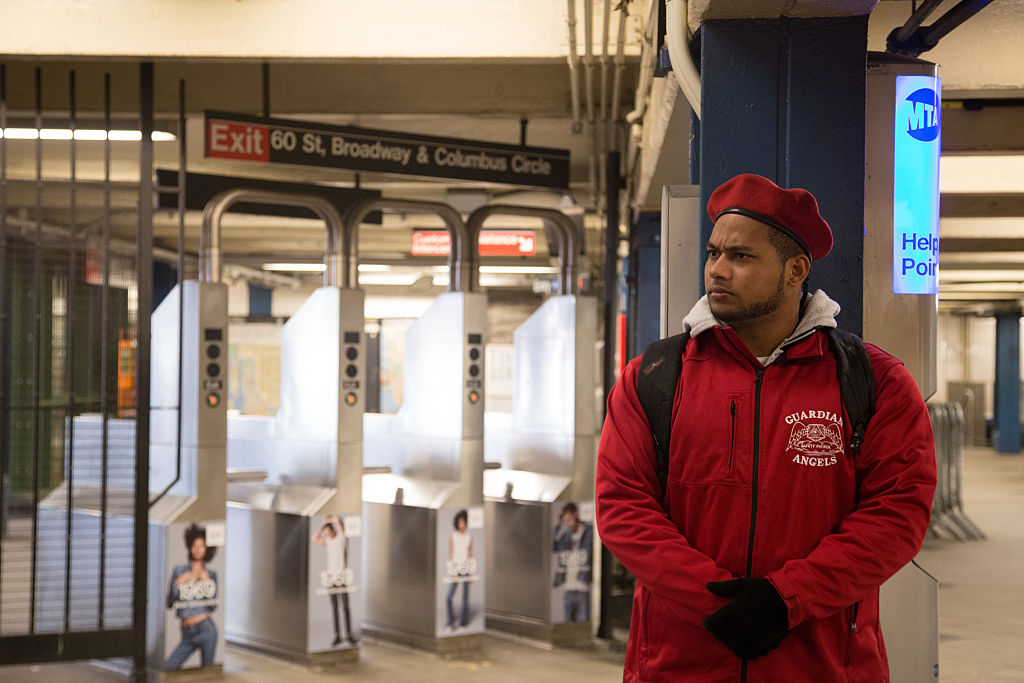 The Guardian Angels patrol the New York subway at Columbus Circle for the first time in 22 years after a spree of slashing attacks.