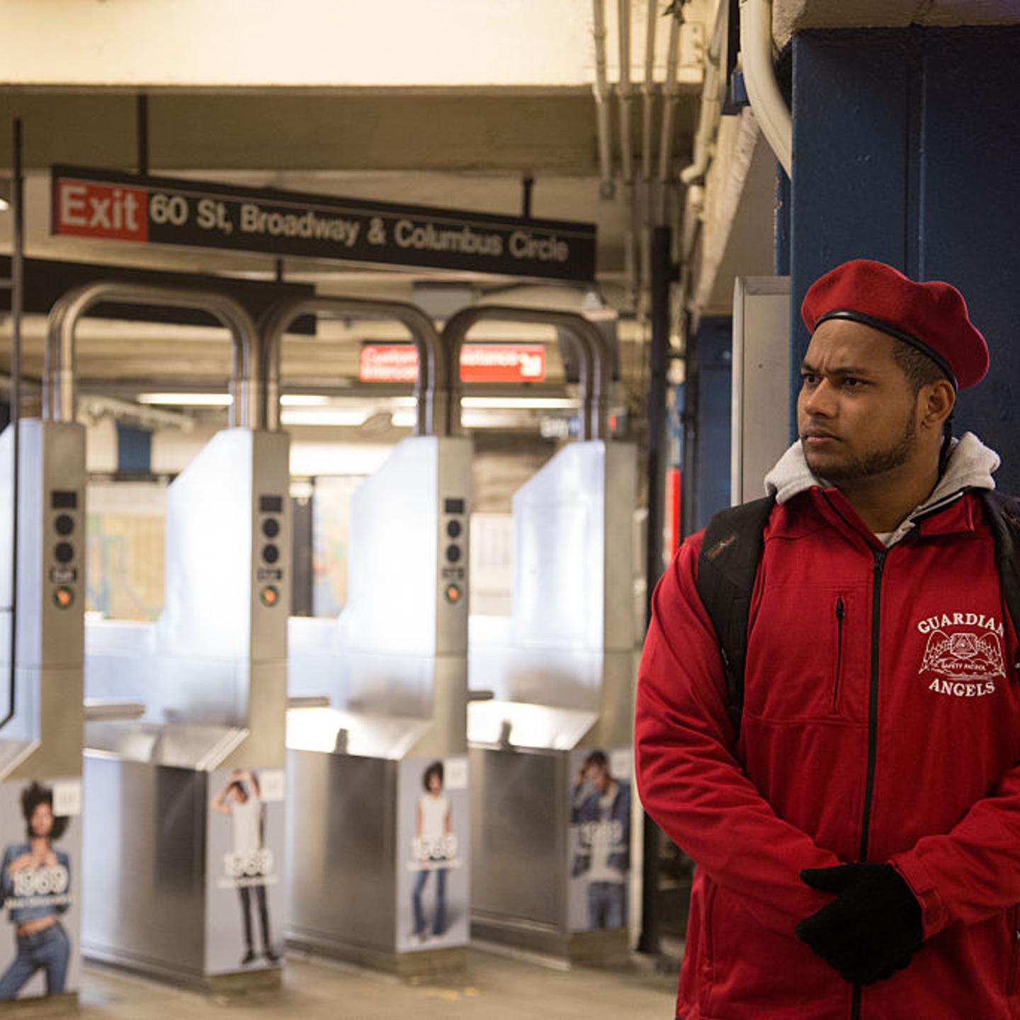 The Guardian Angels patrol the New York subway at Columbus Circle for the first time in 22 years after a spree of slashing attacks.