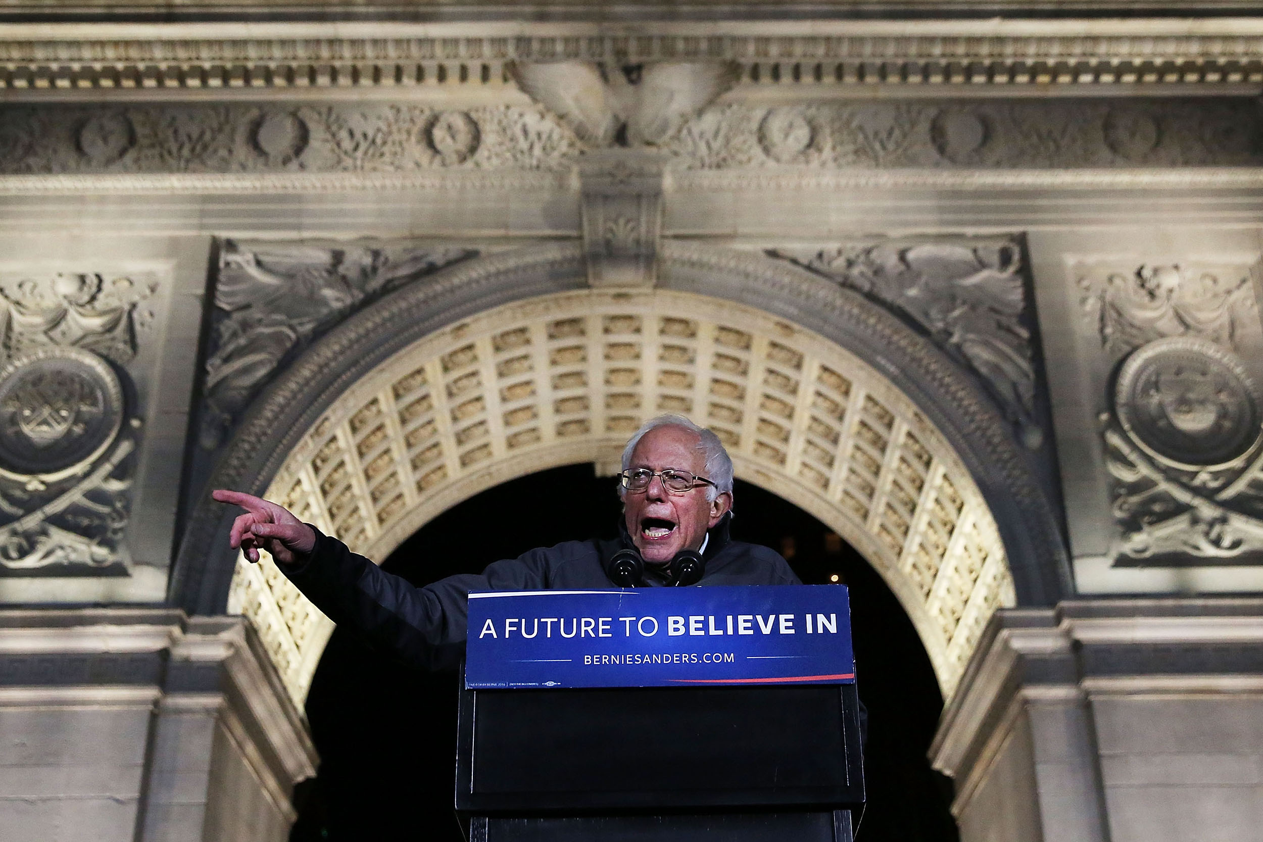 Bernie Sanders speaks under the arch at historic Washington Square Park in New York City on April 13, 2016.