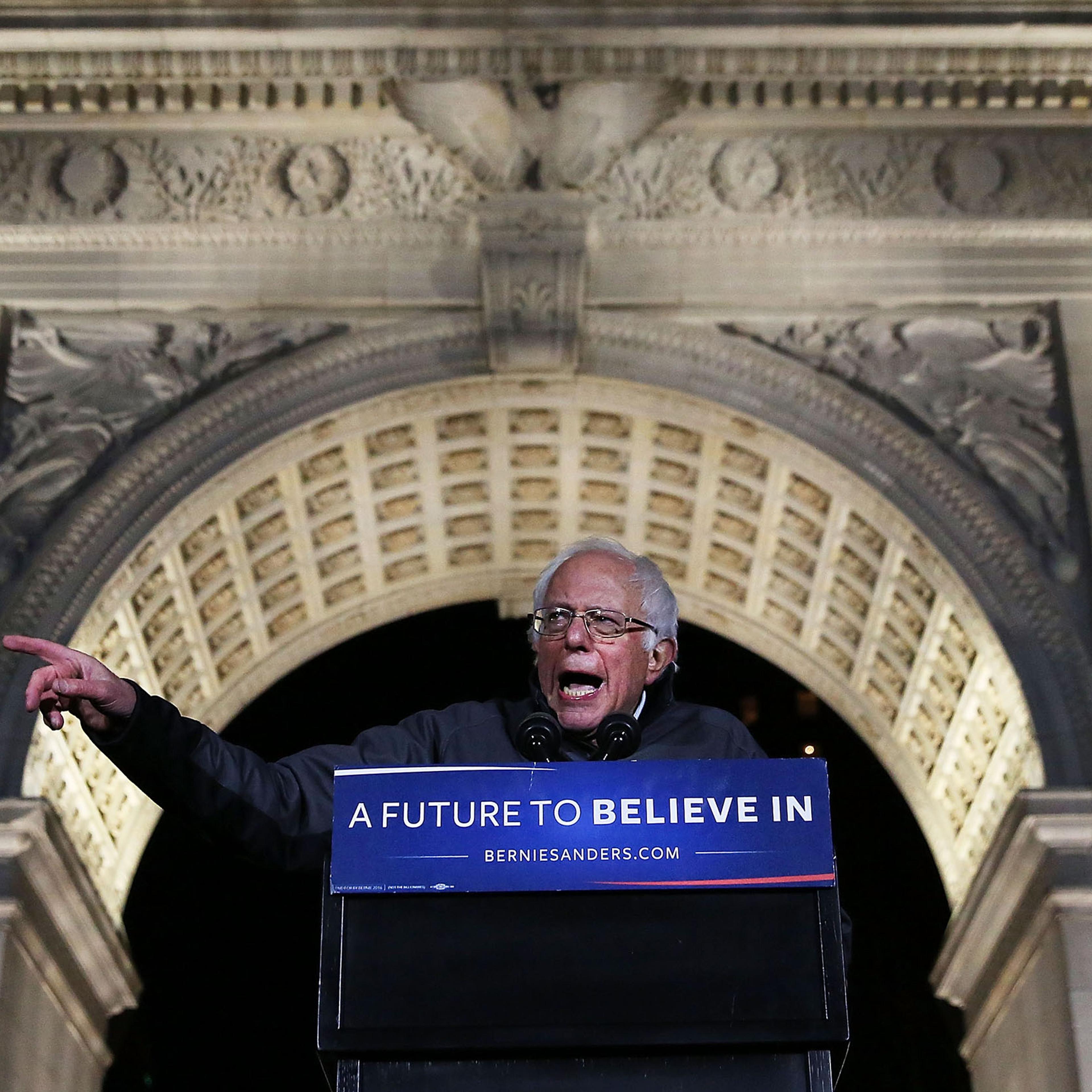 Bernie Sanders speaks under the arch at historic Washington Square Park in New York City on April 13, 2016.