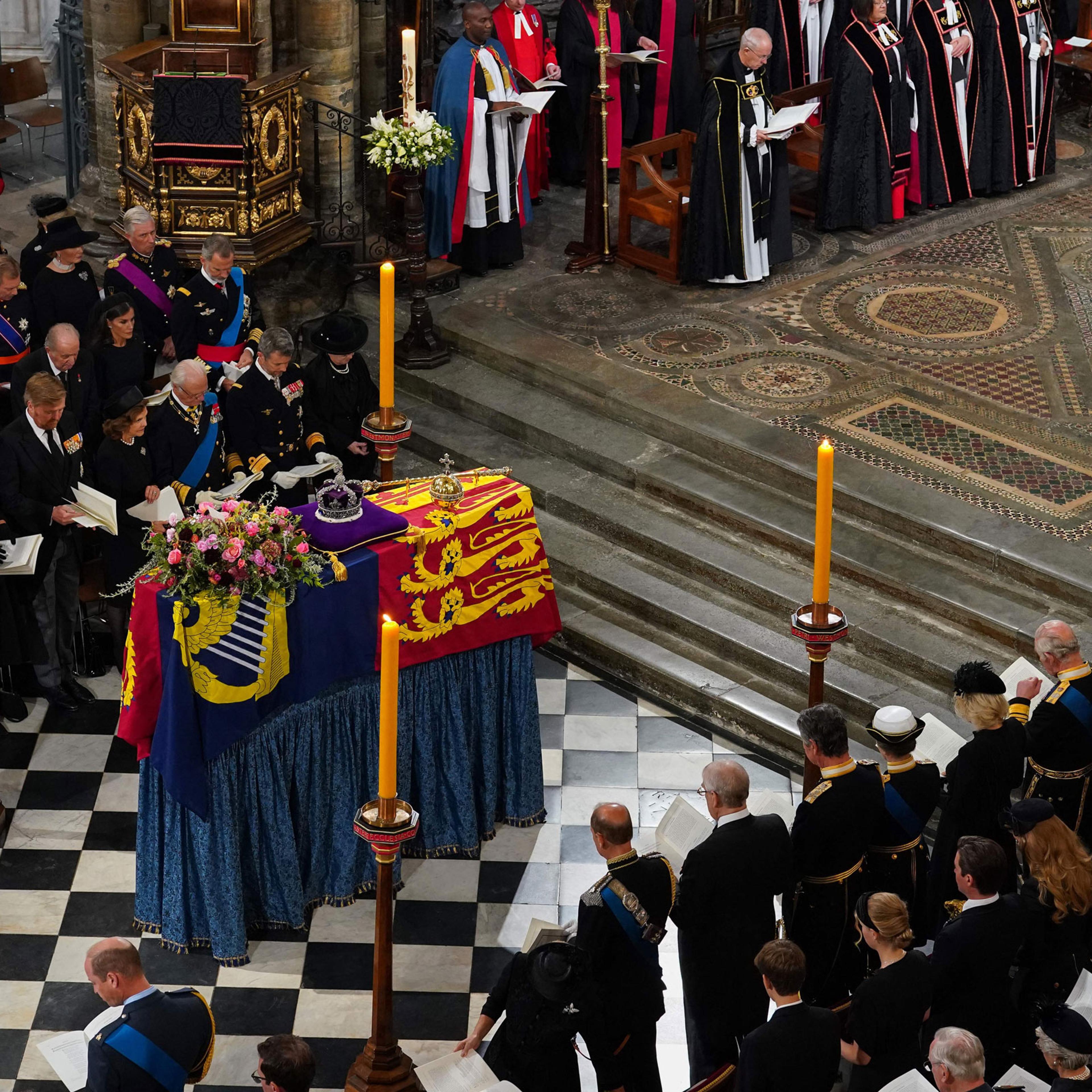 The coffin is placed near the altar inside Westminster Abbey in London on September 19, 2022, during the State Funeral Service for Britain's Queen Elizabeth II.
