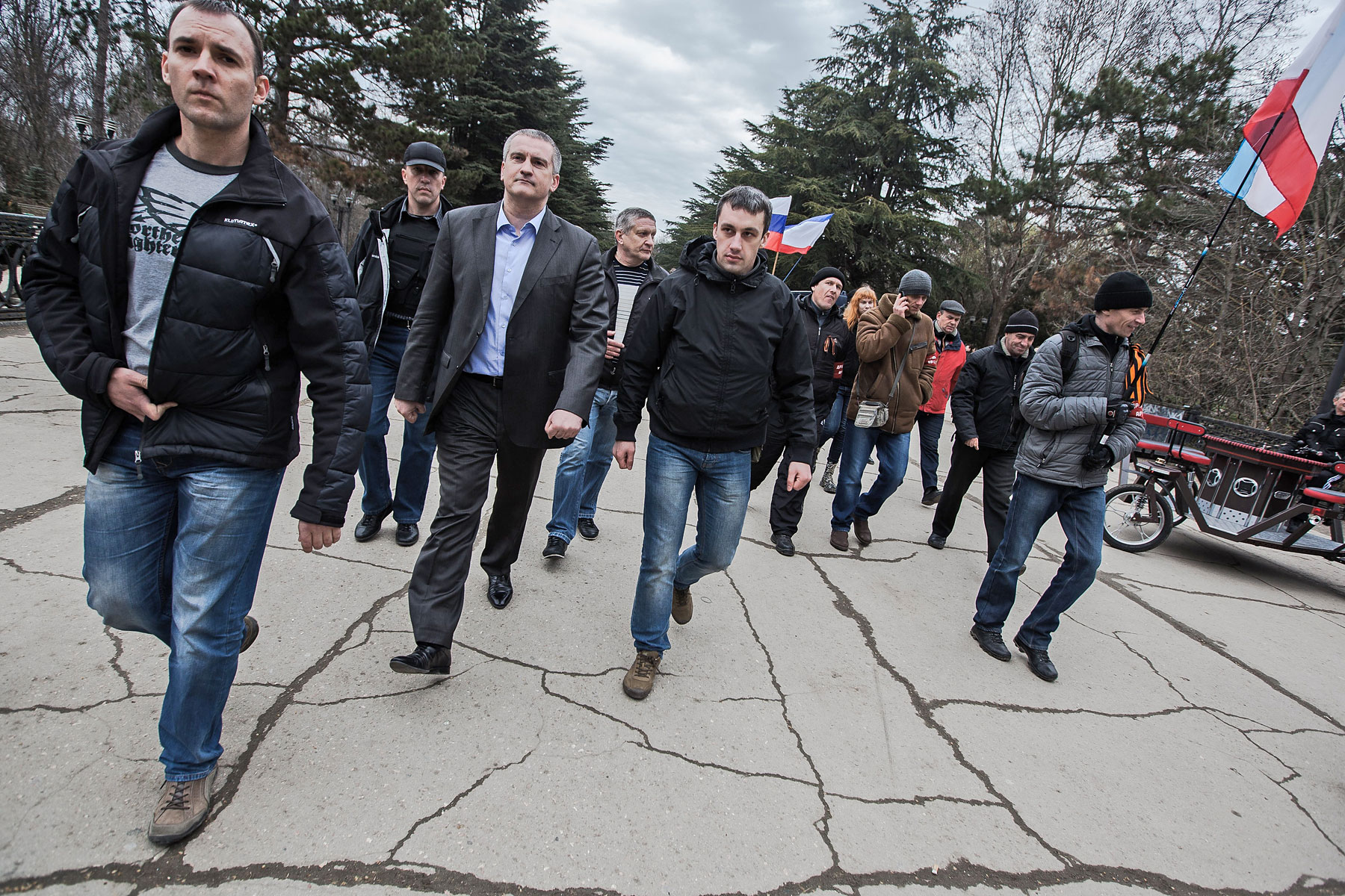 Sergei Aksyonov, the Crimean prime minister, attends a public ceremony held for the swearing-in of the first unit of the pro-Russia Military Forces of the Autonomous Republic of Crimea in Gagarin Park in Simferopol, Crimea, March 8, 2014.