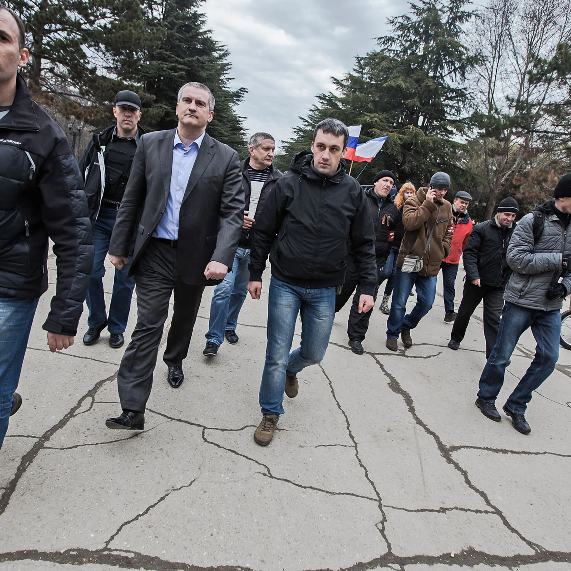 Sergei Aksyonov, the Crimean prime minister, attends a public ceremony held for the swearing-in of the first unit of the pro-Russia Military Forces of the Autonomous Republic of Crimea in Gagarin Park in Simferopol, Crimea, March 8, 2014.
