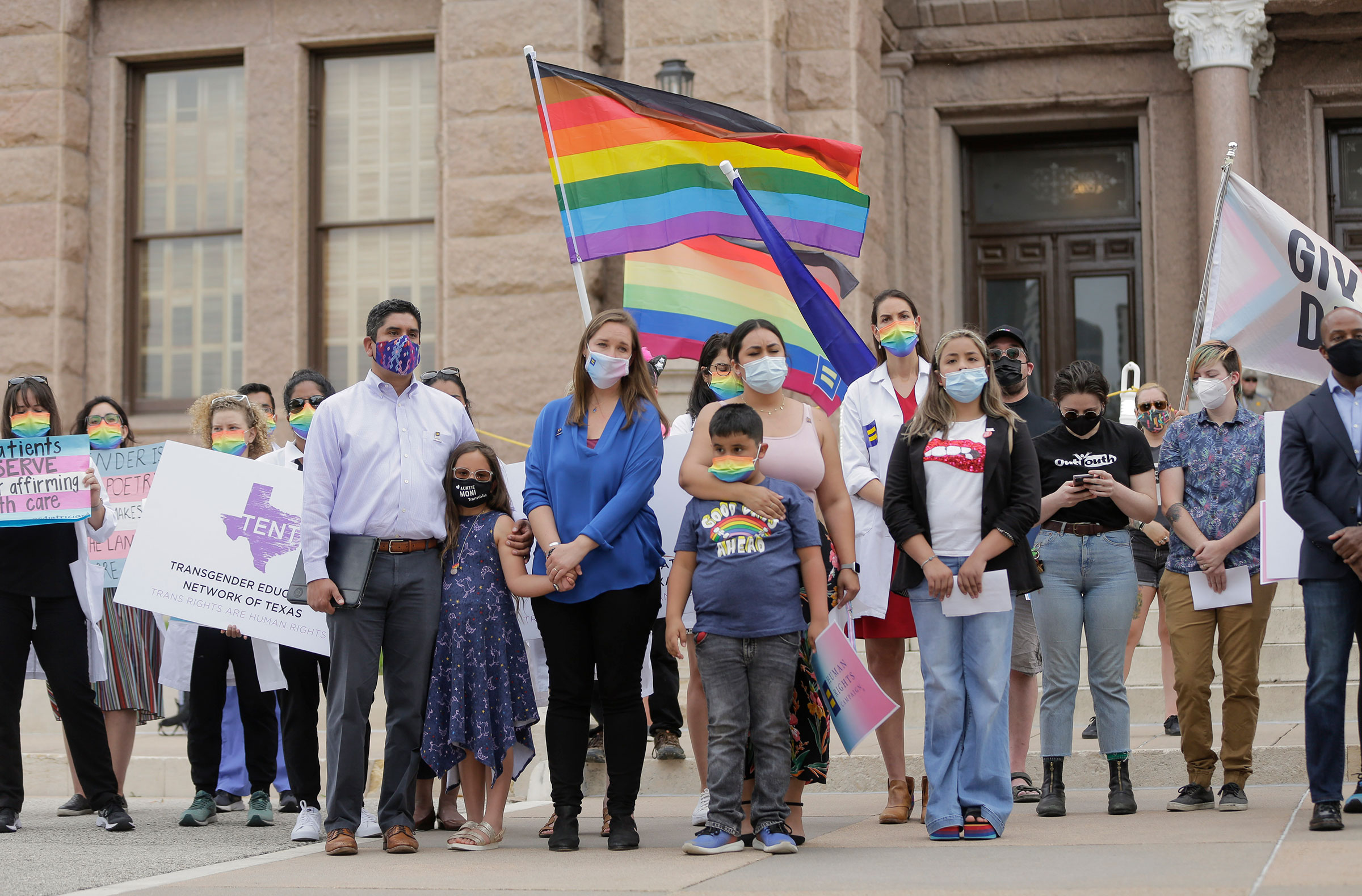 LGBTQ advocates including representatives from Equality Texas, the Transgender Education Network of Texas, Texas Freedom Network, ACLU of Texas, Lambda Legal, medical and health care professionals, and parents of transgender children rally at the Texas S