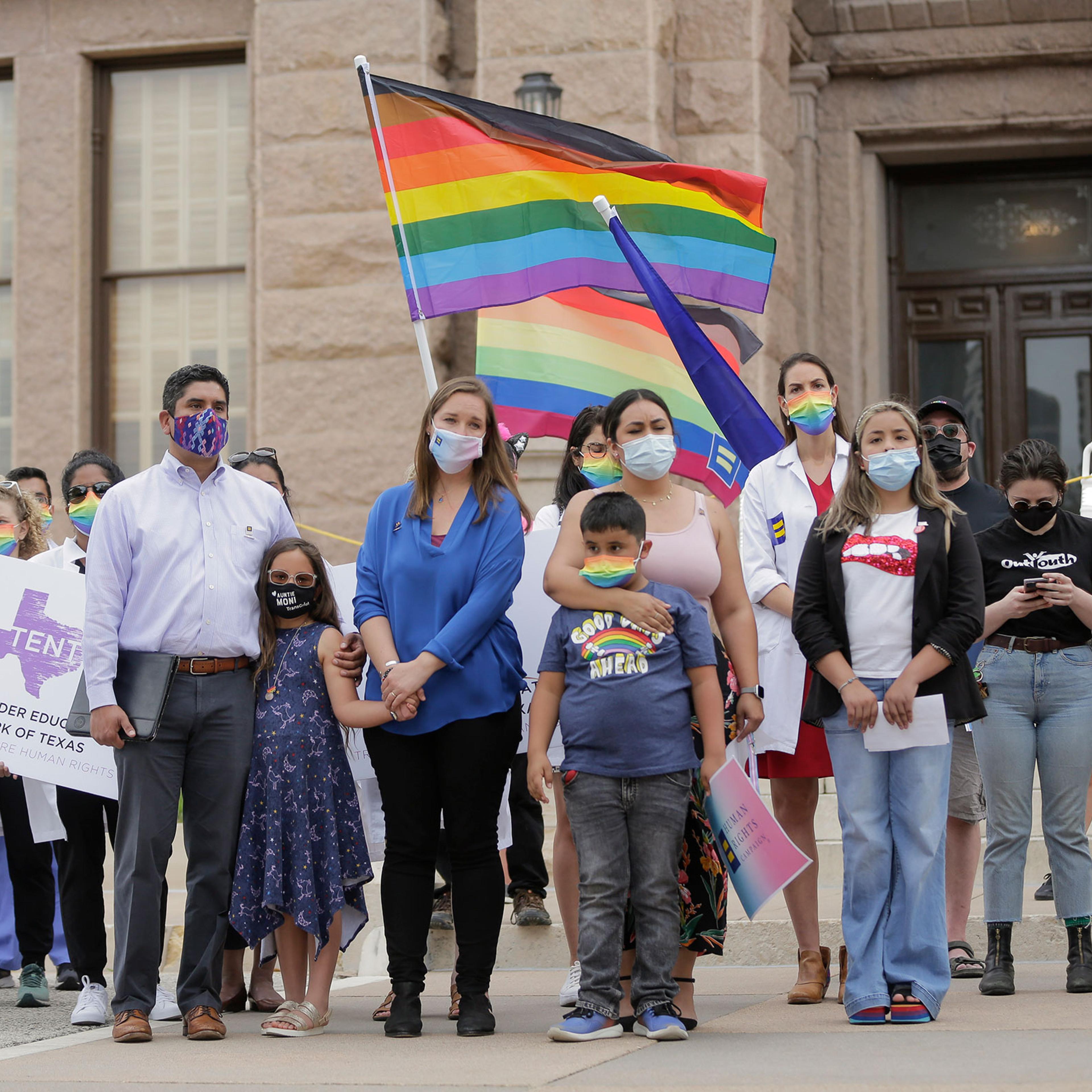 LGBTQ advocates including representatives from Equality Texas, the Transgender Education Network of Texas, Texas Freedom Network, ACLU of Texas, Lambda Legal, medical and health care professionals, and parents of transgender children rally at the Texas S