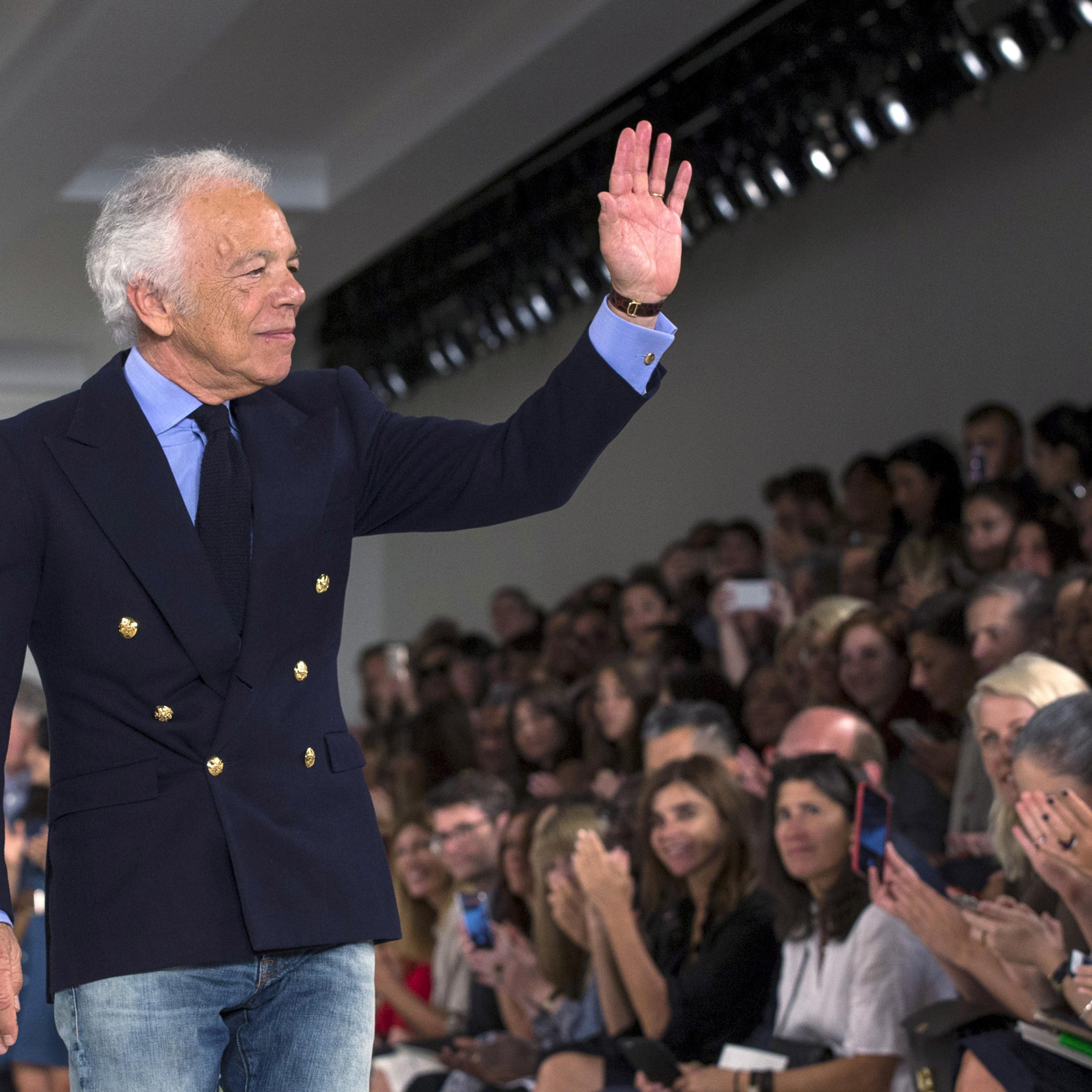 Designer Ralph Lauren greets the crowd after presenting his Spring/Summer 2016 collection during New York Fashion Week in New York