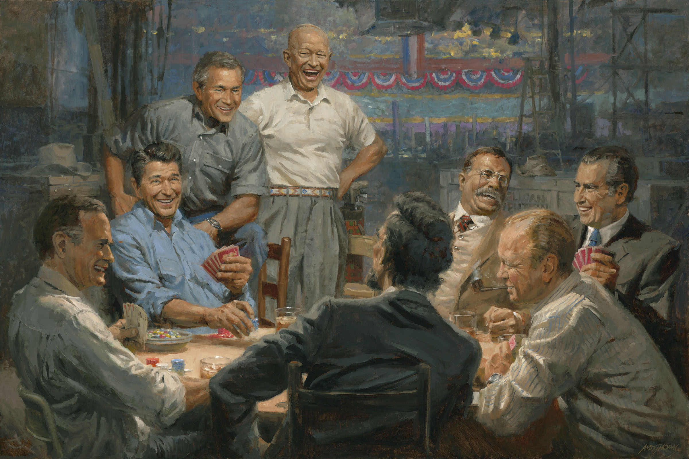 Andy Thomas' painting "Grand Old Gang" features Republican presidents playing poker.