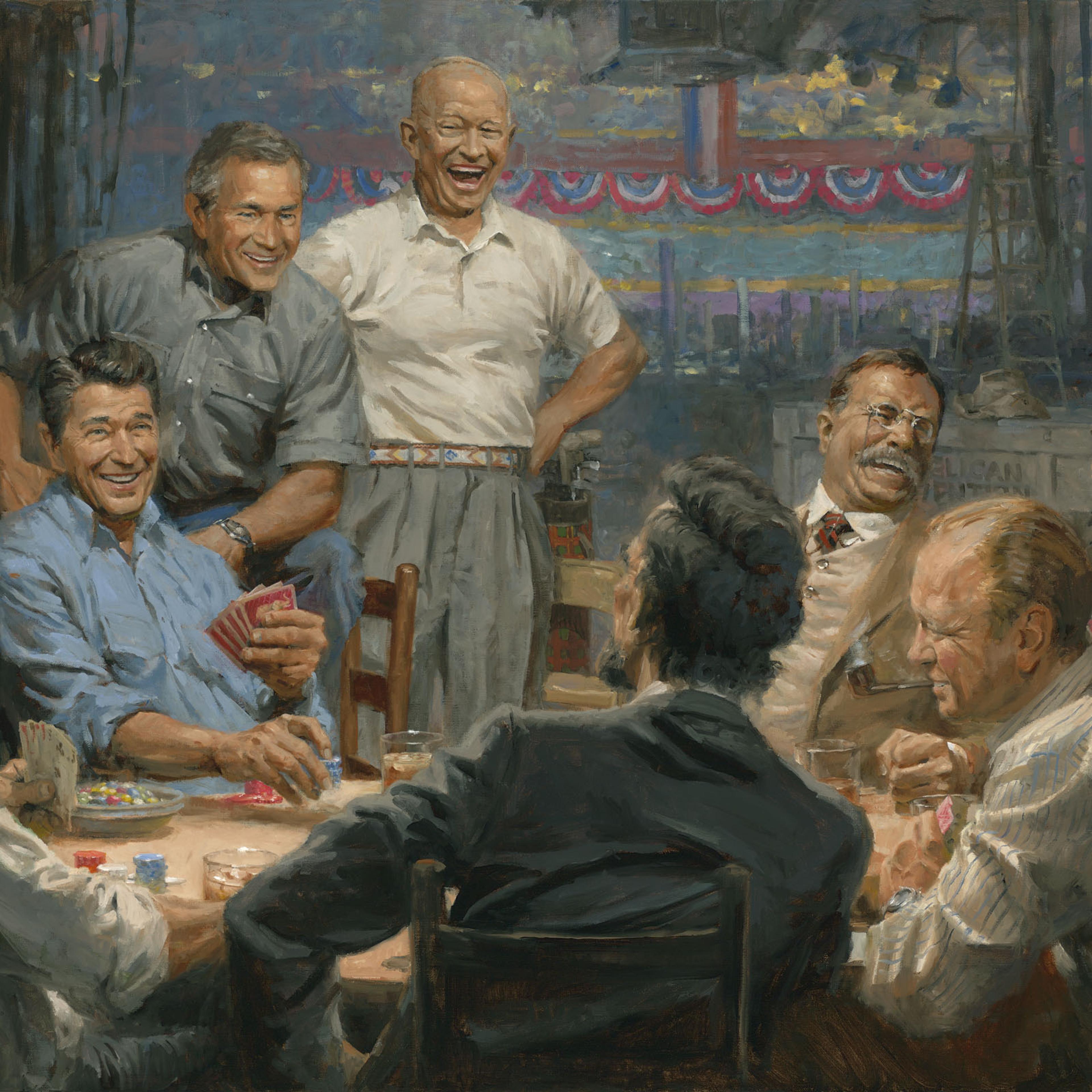 Andy Thomas' painting "Grand Old Gang" features Republican presidents playing poker.