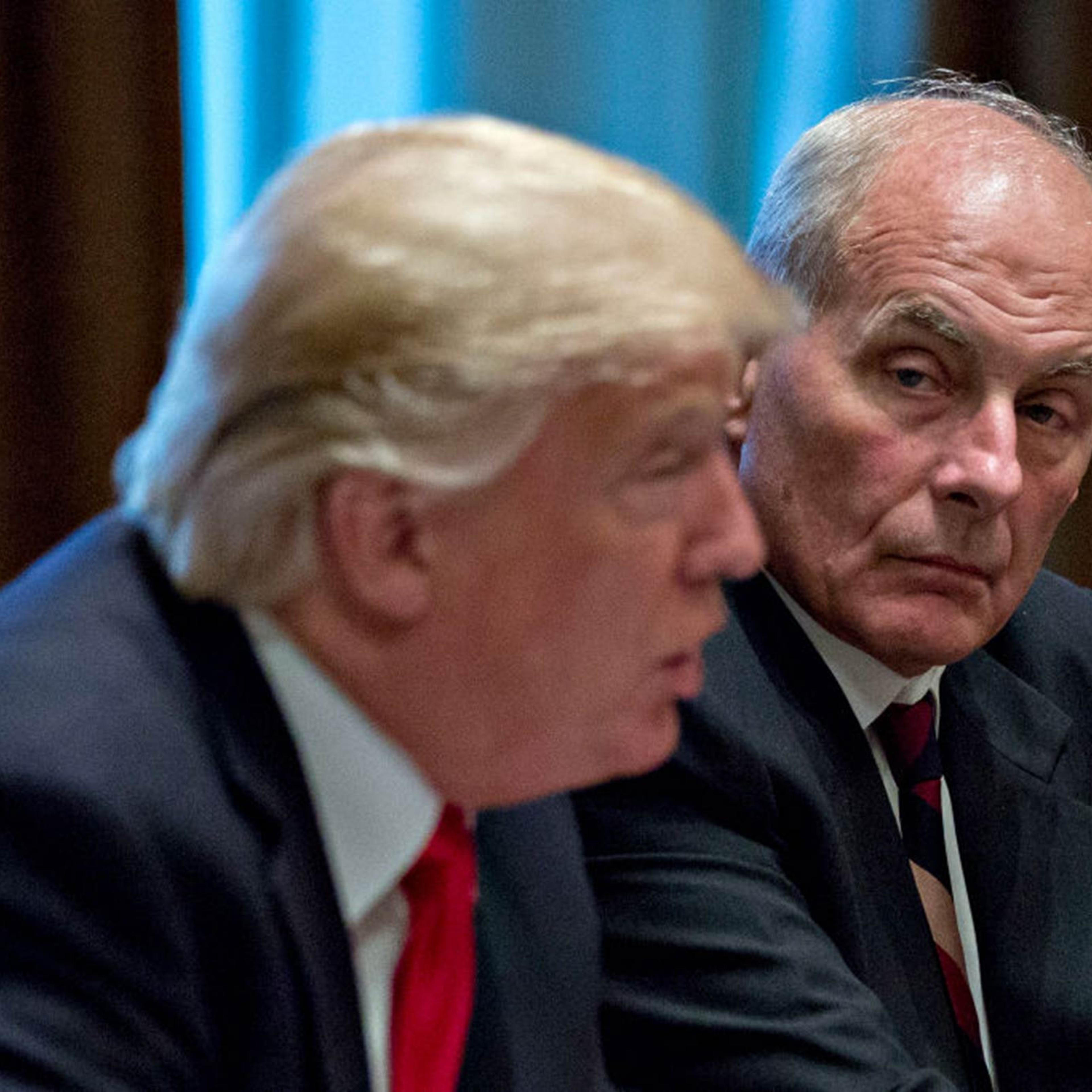 White House Chief of Staff John Kelly listens as President Trump speaks at a briefing with senior military leaders in the Cabinet Room of the White House on Oct. 5, 2017.