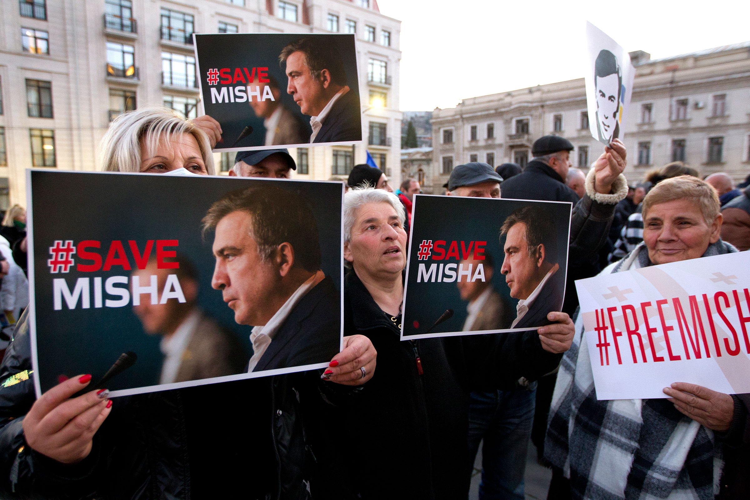 Supporters of former Georgian President Mikheil Saakashvili gather in Tbilisi, Georgia, Wednesday, Jan. 4, 2023. 