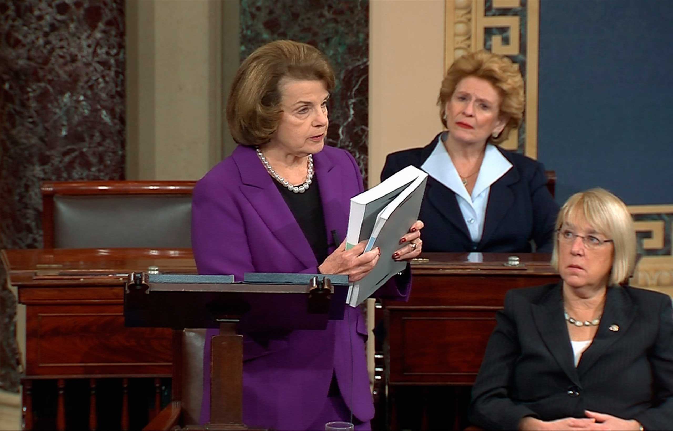 Senate Intelligence Committee Chairwoman Dianne Feinstein discusses a newly released Intelligence Committee report on the CIA's anti-terrorism tactics, in the U.S. Senate in Washington, Dec. 9, 2014.