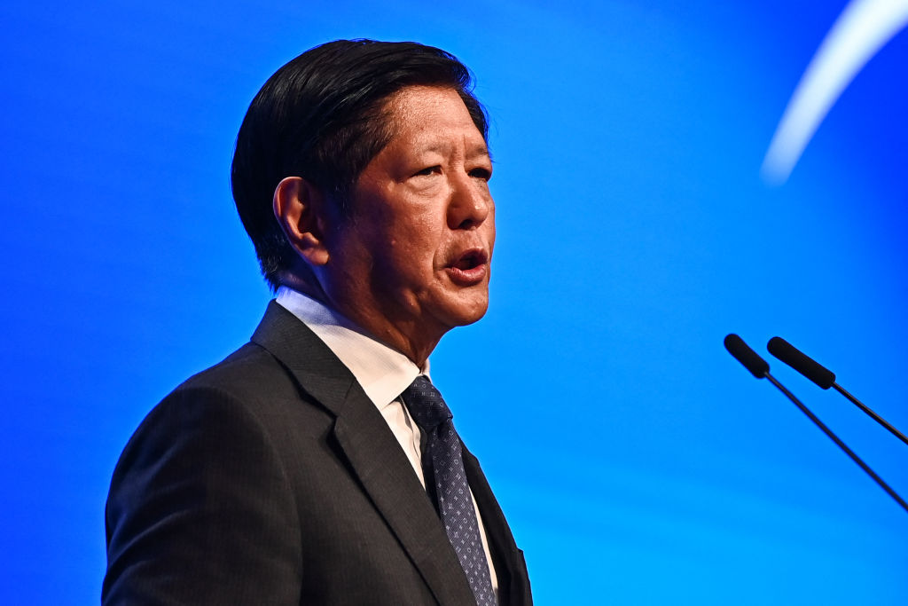 Philippines' President Ferdinand Marcos Jr. delivers a speech during the 21st Shangri-La Dialogue summit in Singapore on May 31, 2024.
