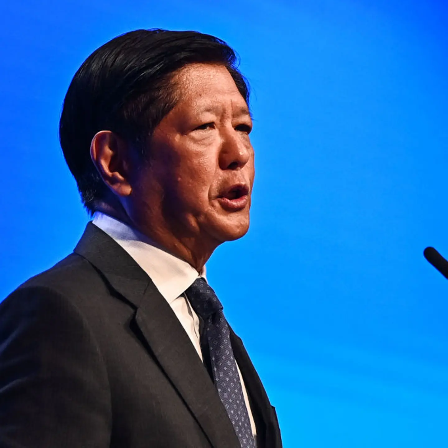 Philippines' President Ferdinand Marcos Jr. delivers a speech during the 21st Shangri-La Dialogue summit in Singapore on May 31, 2024.
