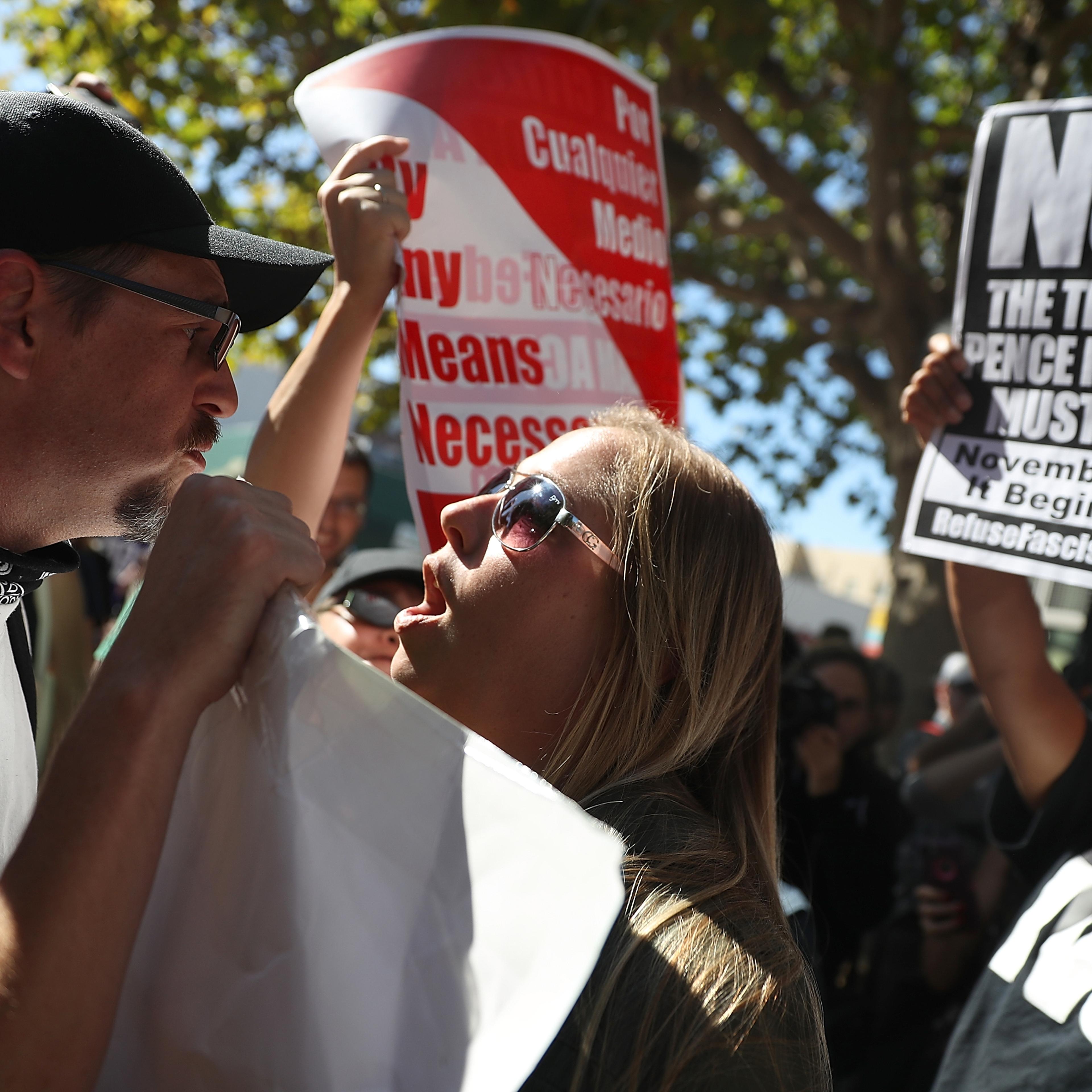 Right Wing Commentator Milo Yiannopoulos Gives Speech At Plaza In Berkeley