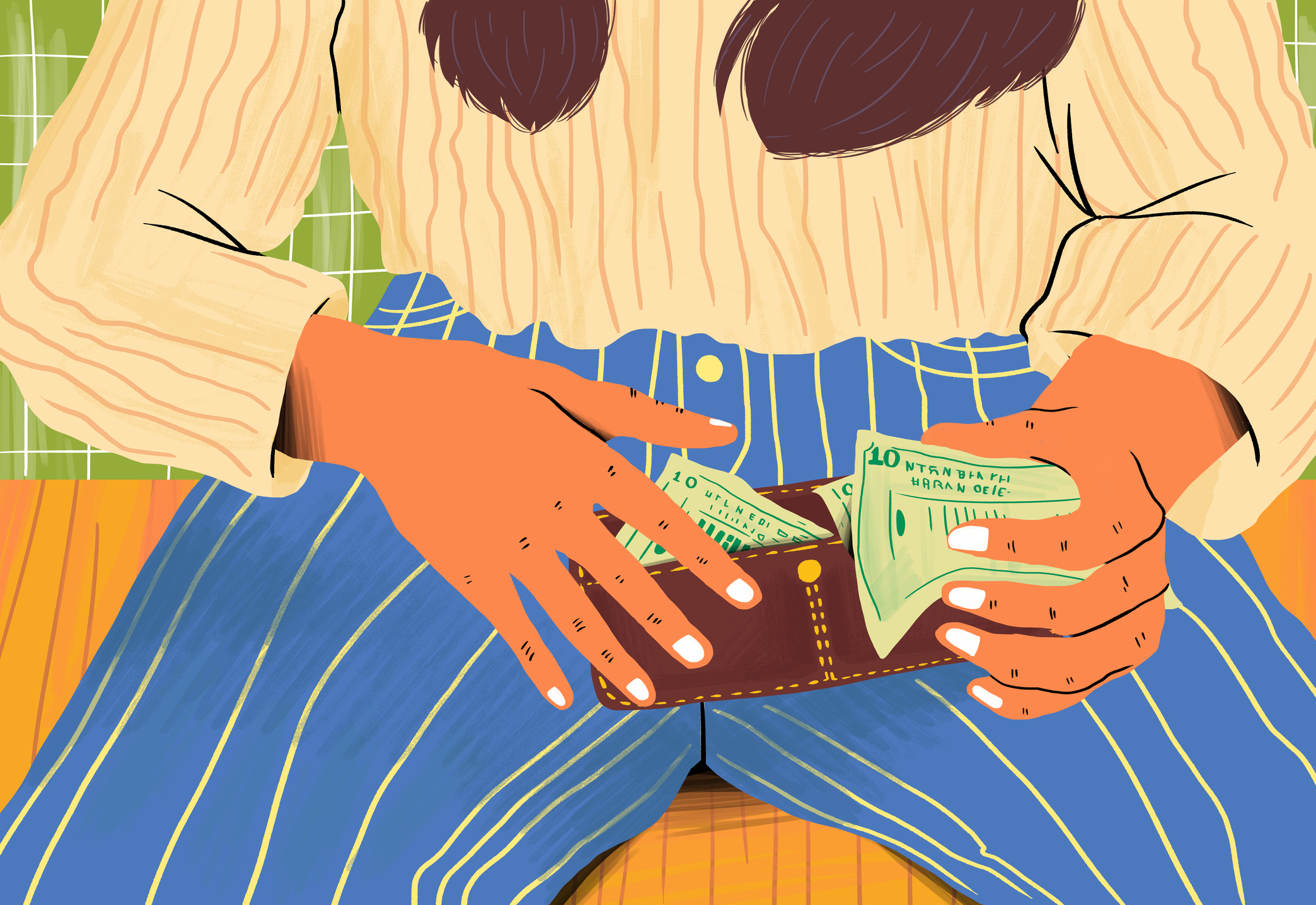 Hands of woman holding wallet with paper currency