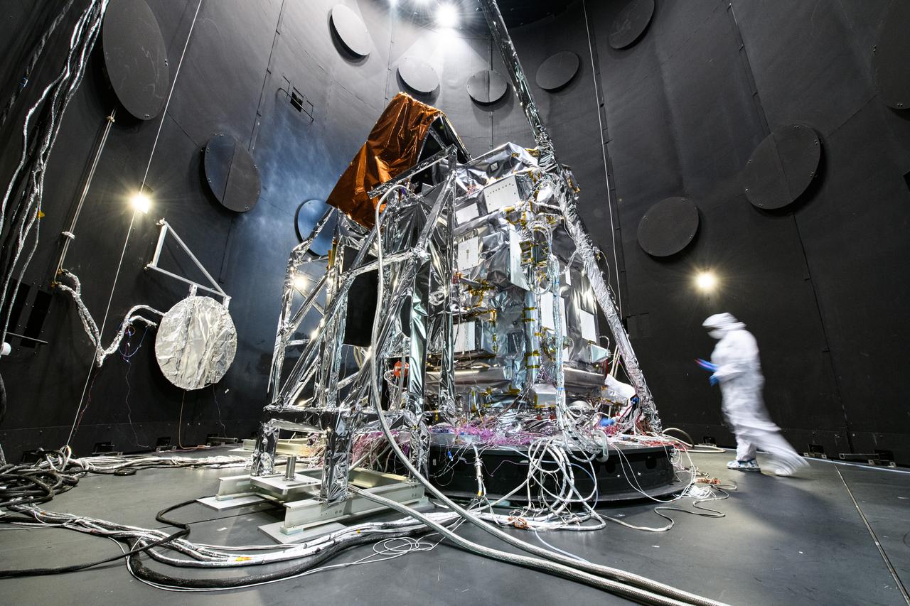 The Plankton, Aerosol, Cloud, ocean Ecosystem (PACE) Observatory inside the Space Environment Simulator (SES) thermal vacuuum chamber before thermal environmental testing at NASA's Goddard Space Flight Center in Greenbelt, Maryland on June 16th, 2023.