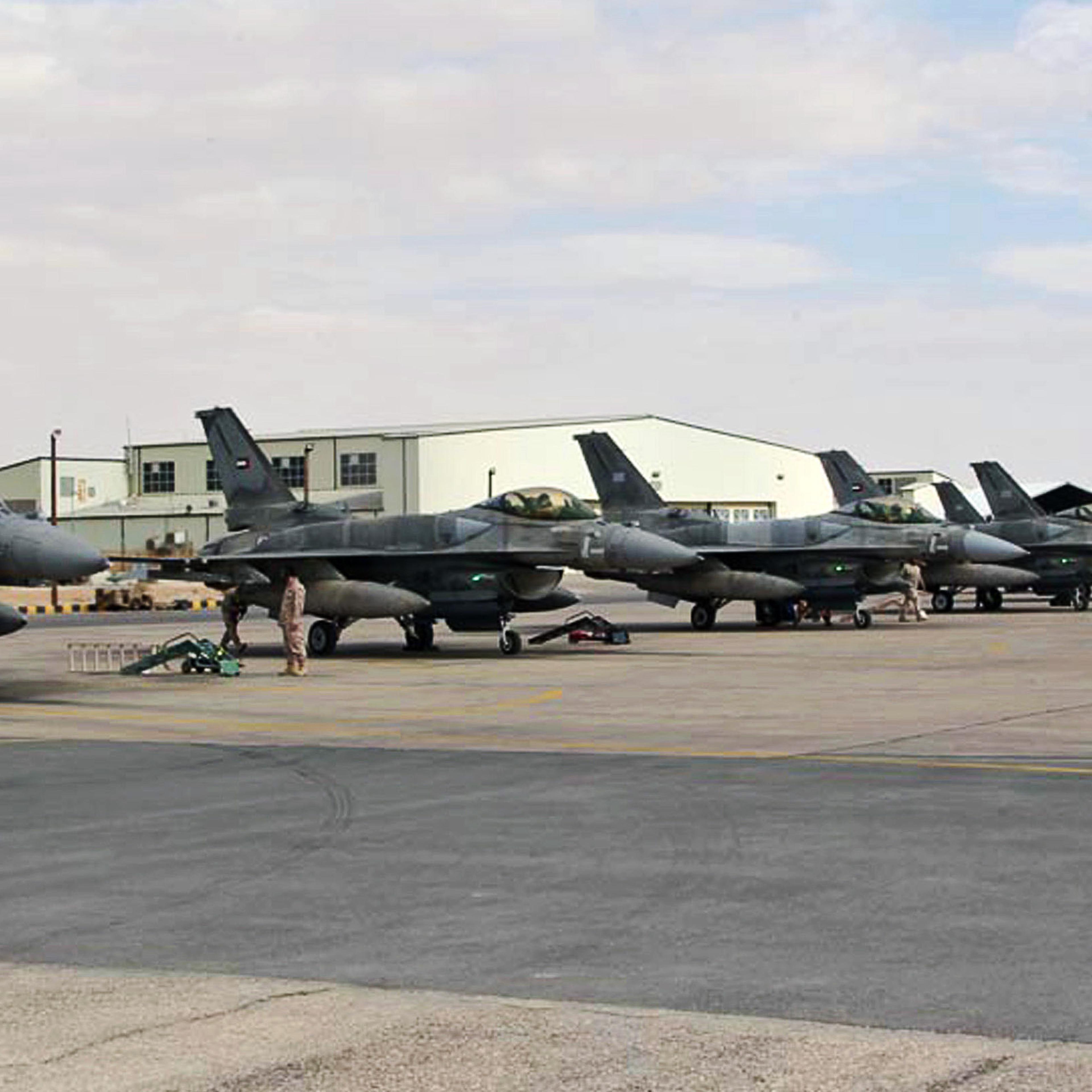 F16 fighter jets from the United Arab Emirates (UAE) arrive at an air base in Jordan