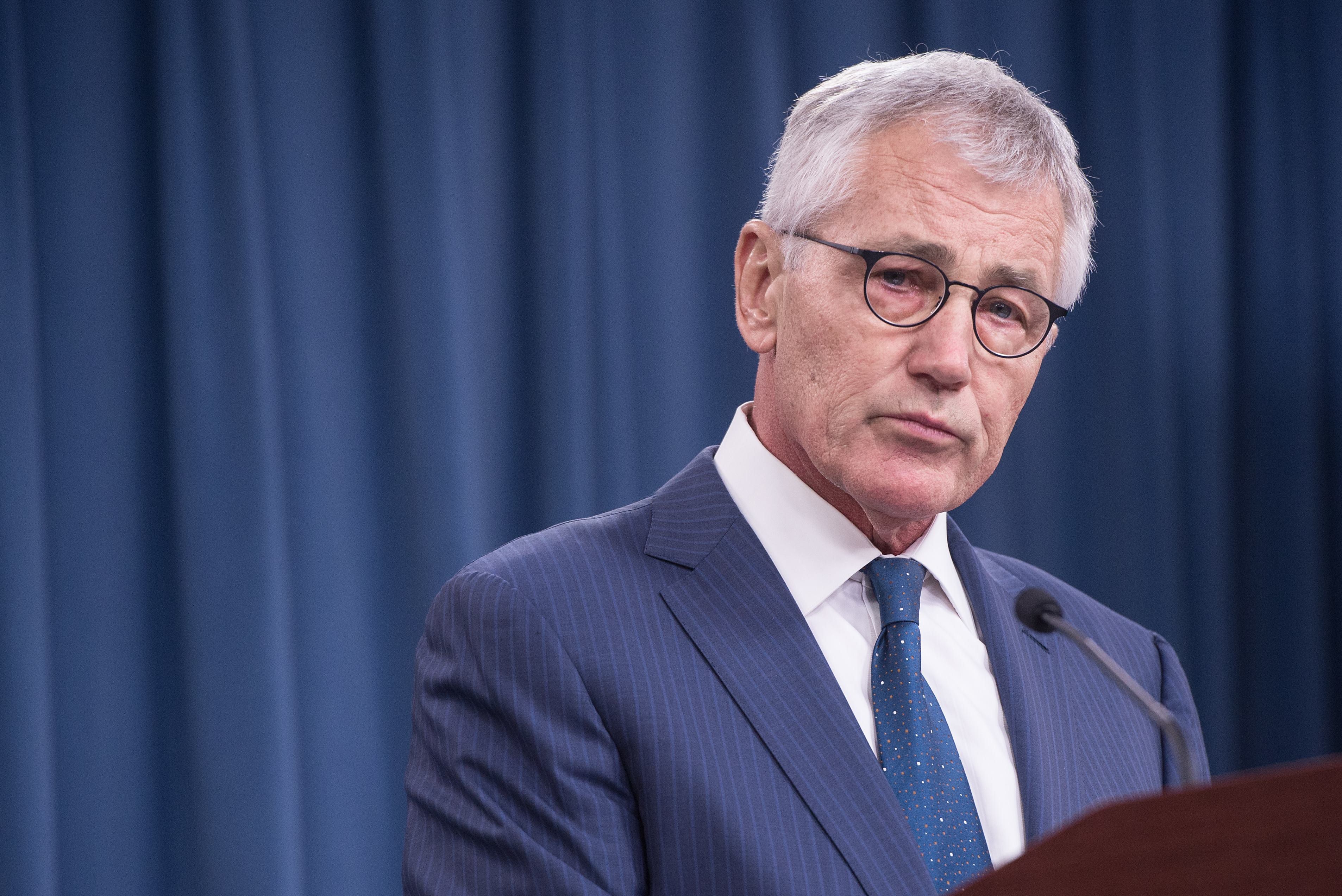 Outgoing U.S. Defense Secretary Chuck Hagel speaks to the press at the Pentagon in Washington on Jan.22, 2015.