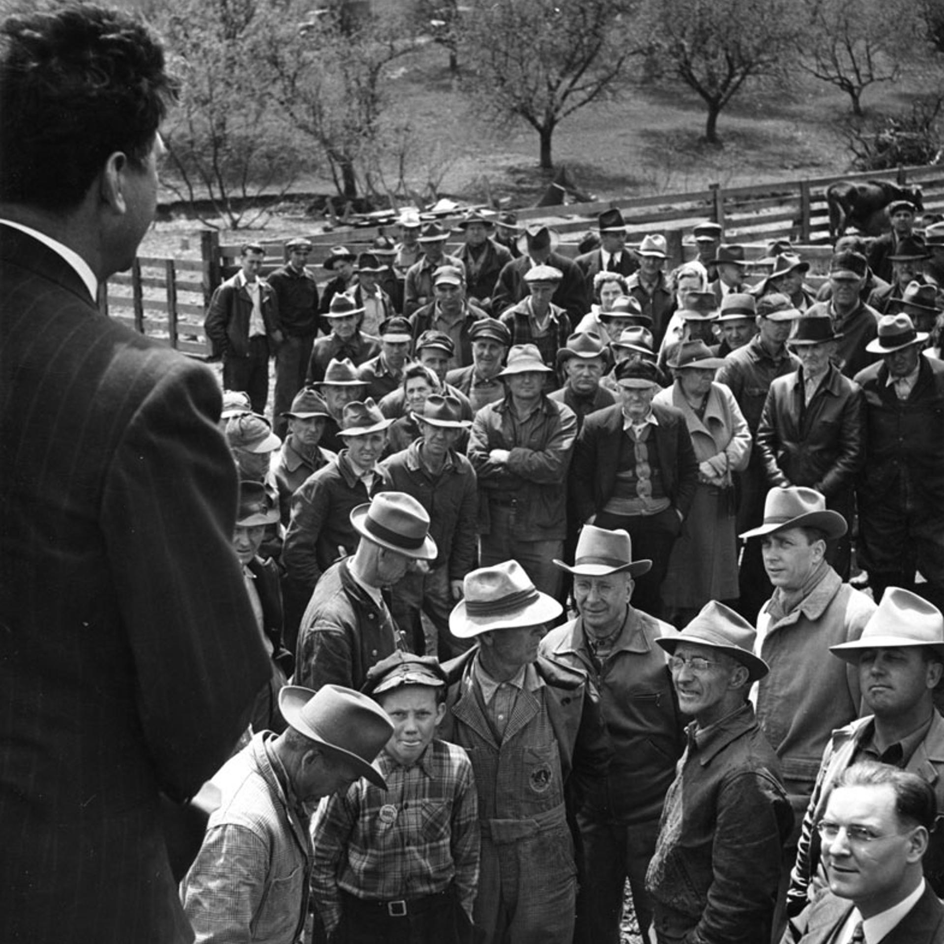 Cleveland mayor and gubernatorial candidate Frank Lausche with farmers at a downstate Ohio auction, 1944.