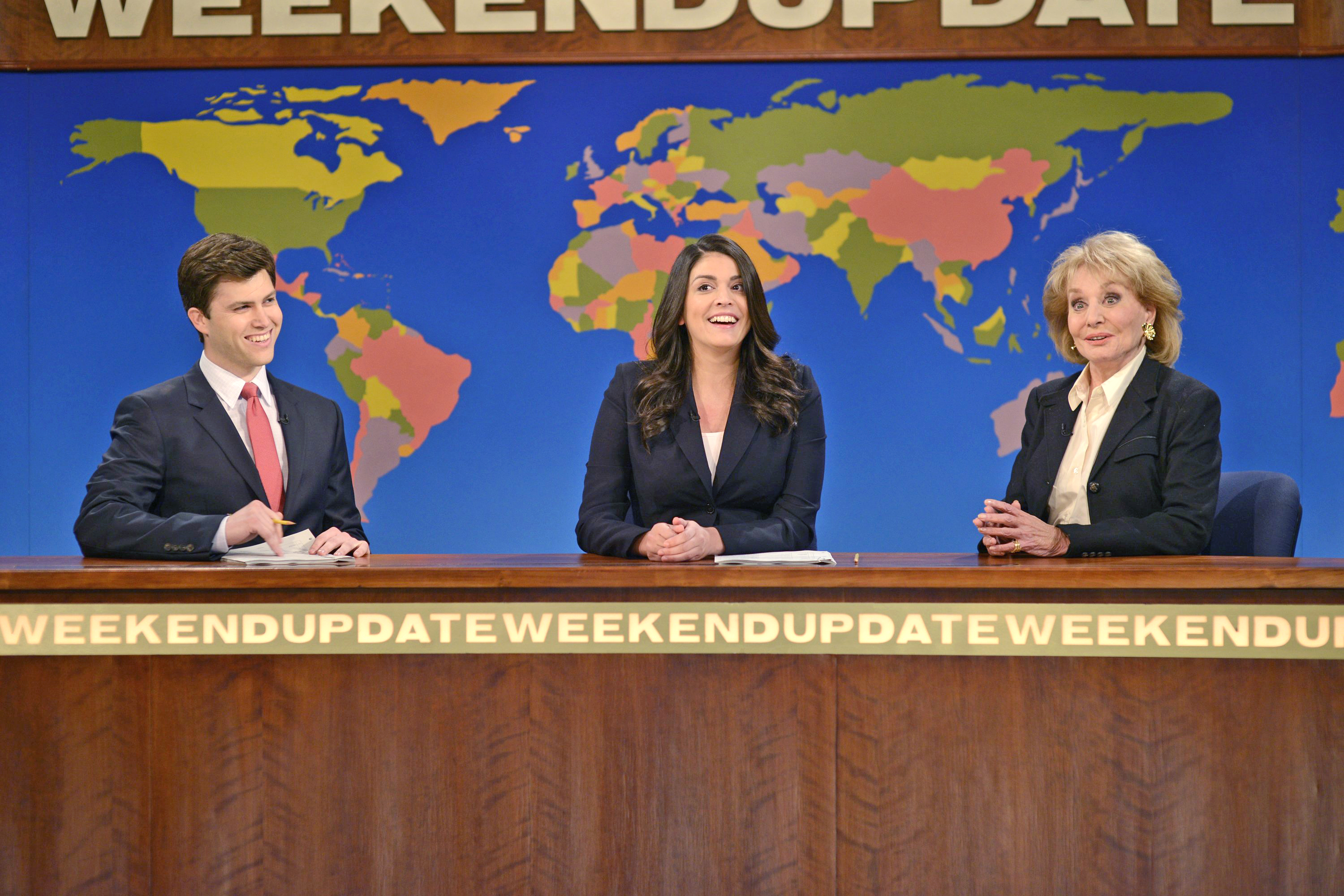 From left: Colin Jost, Cecily Strong and Barbara Walters during Weekend Update on Saturday Night Live on May 10, 2014.