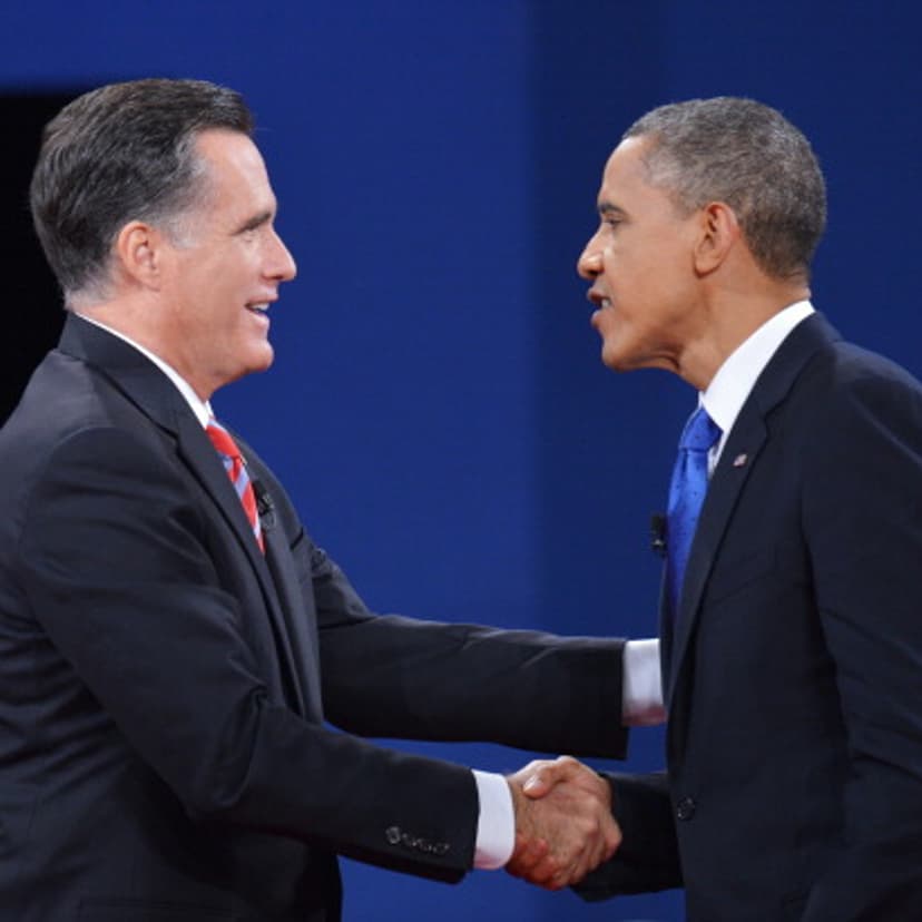 US President Barack Obama shakes hands with Republican presidential candidate Mitt Romney at the end of the third and final presidential debate October 22, 2012 at Lynn University in Boca Raton, Florida.