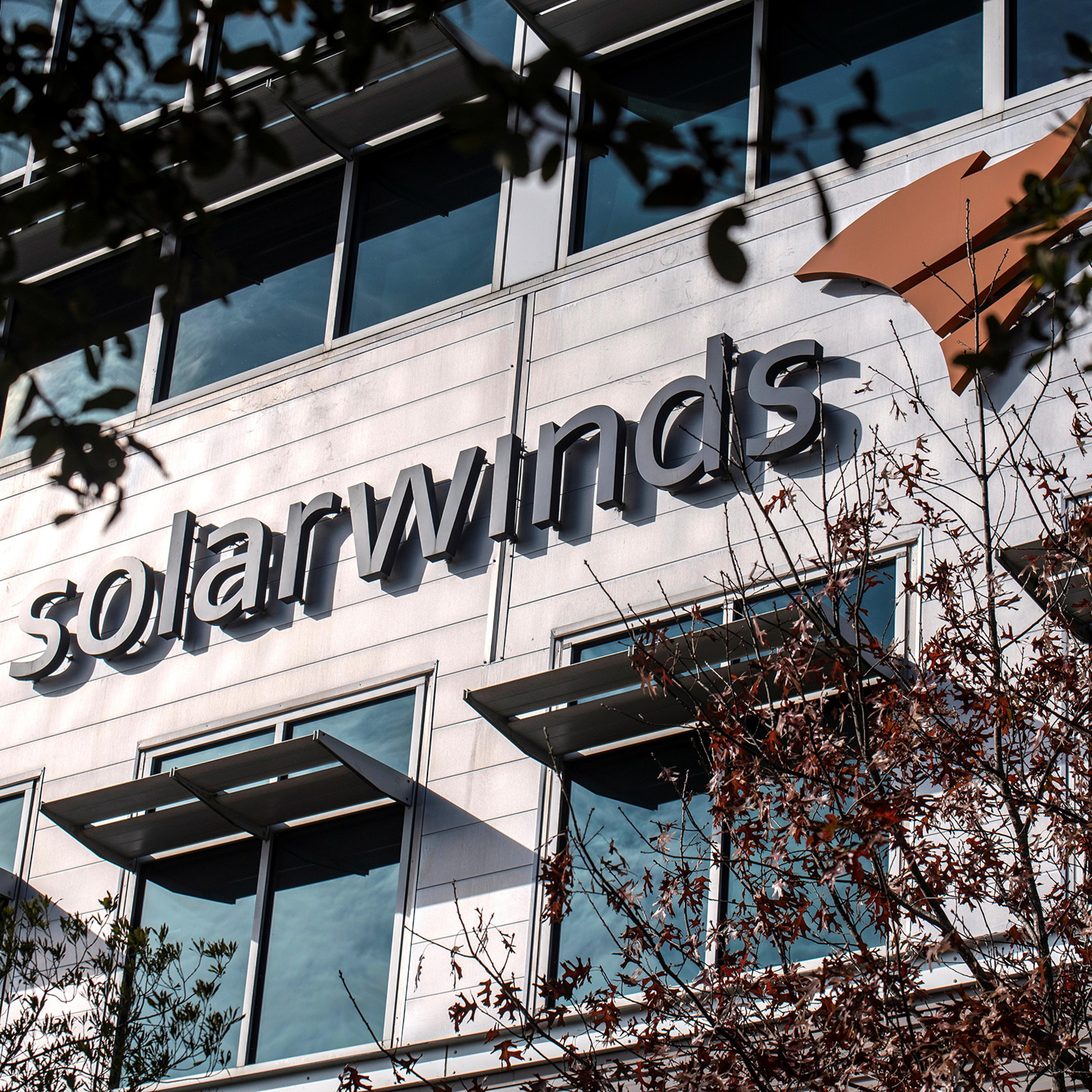 The SolarWinds logo is seen outside its headquarters in Austin, Texas, on Dec. 18