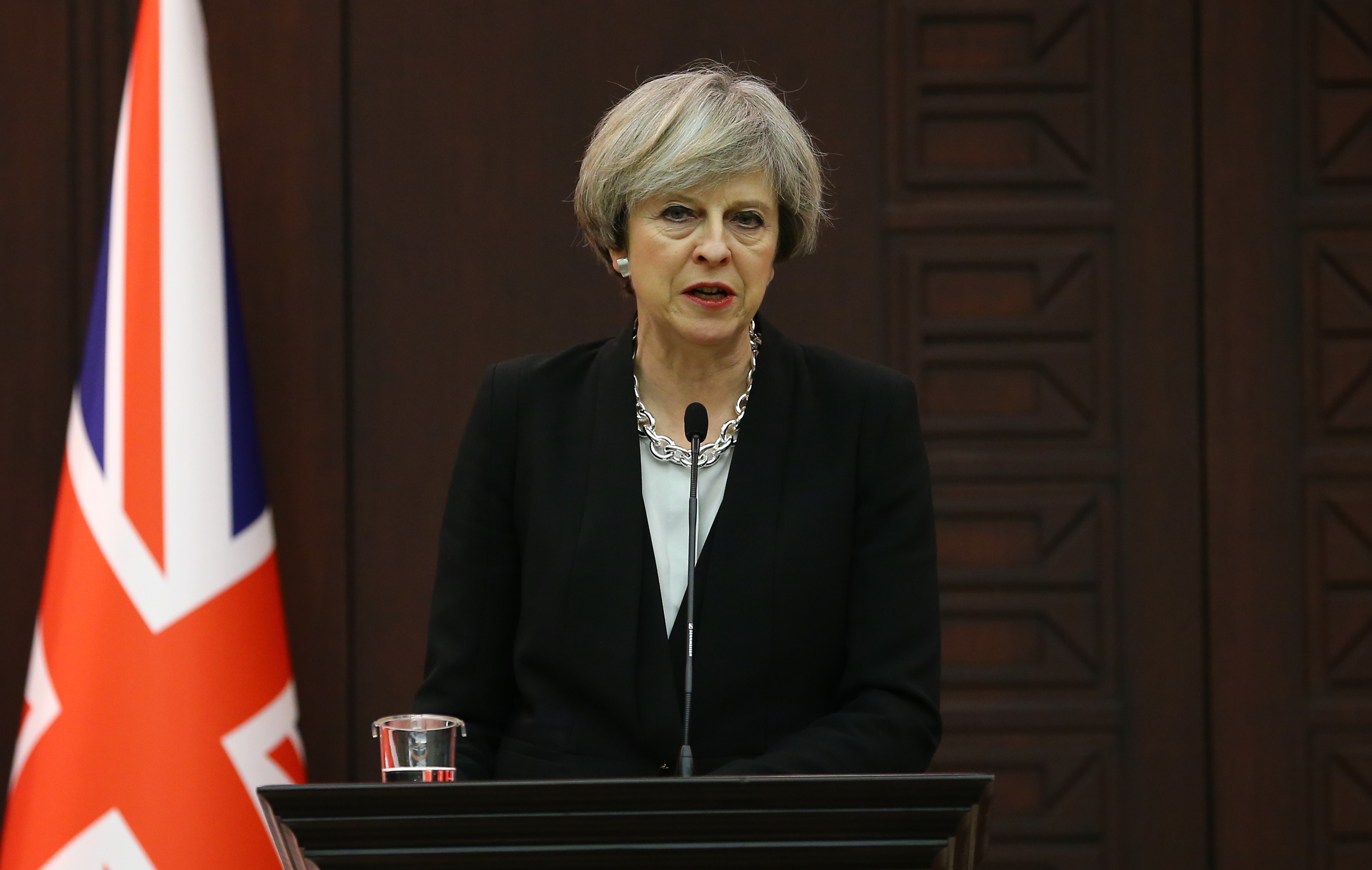 British Prime Minister Theresa May delivers a speech during a joint press conference with Turkish Prime Minister Binali Yildirim (not seen) at the Cankaya Mansion in Ankara, Turkey on January 28, 2017.