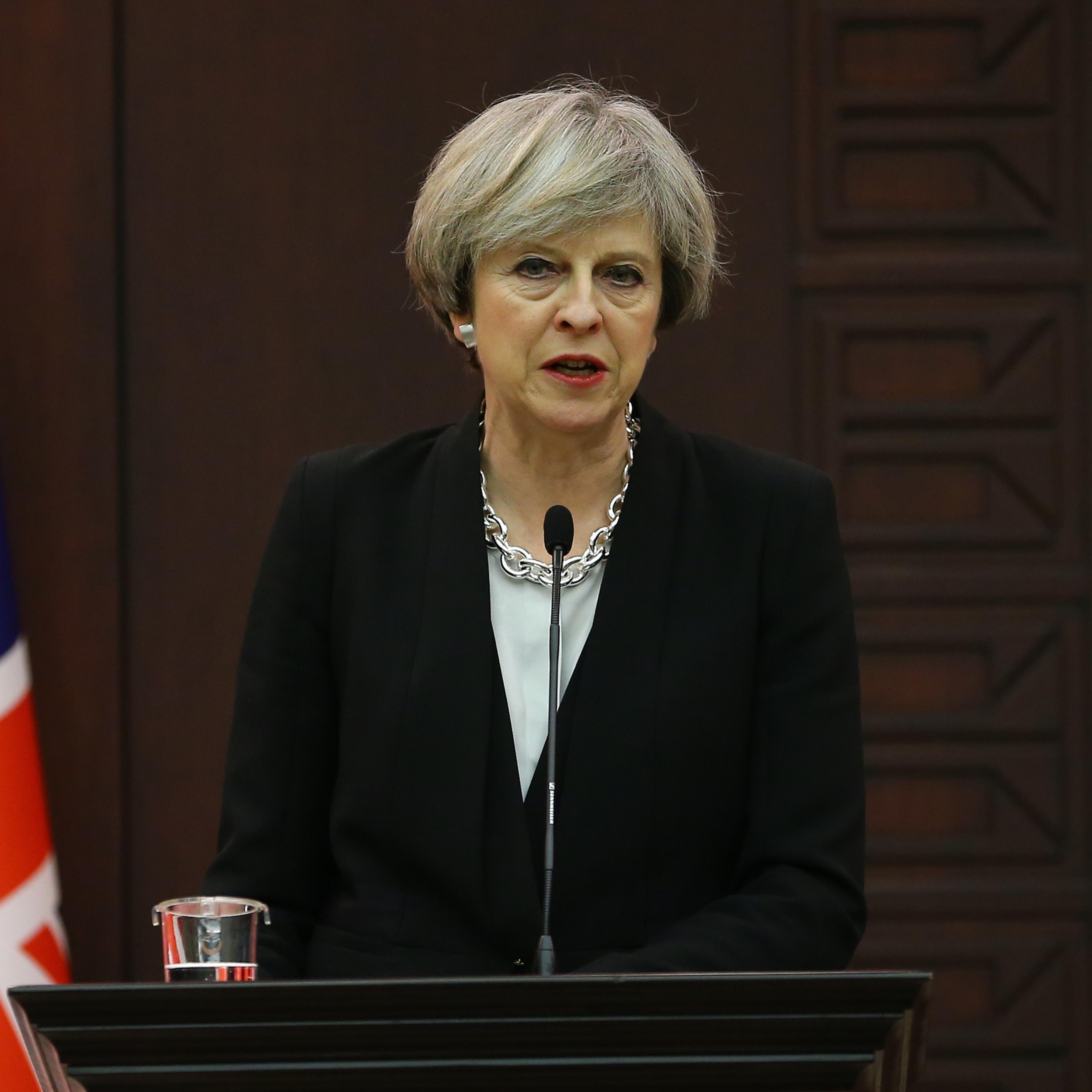 British Prime Minister Theresa May delivers a speech during a joint press conference with Turkish Prime Minister Binali Yildirim (not seen) at the Cankaya Mansion in Ankara, Turkey on January 28, 2017.