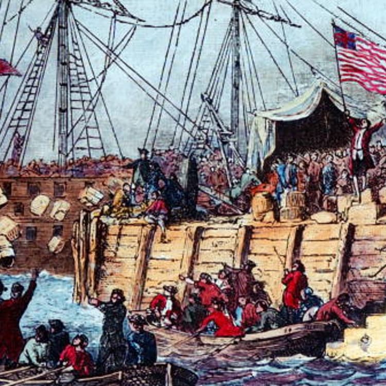The Boston Boys throwing tea from English ships into Boston harbor in historic tax protest (a.k.a. the Boston Tea Party).