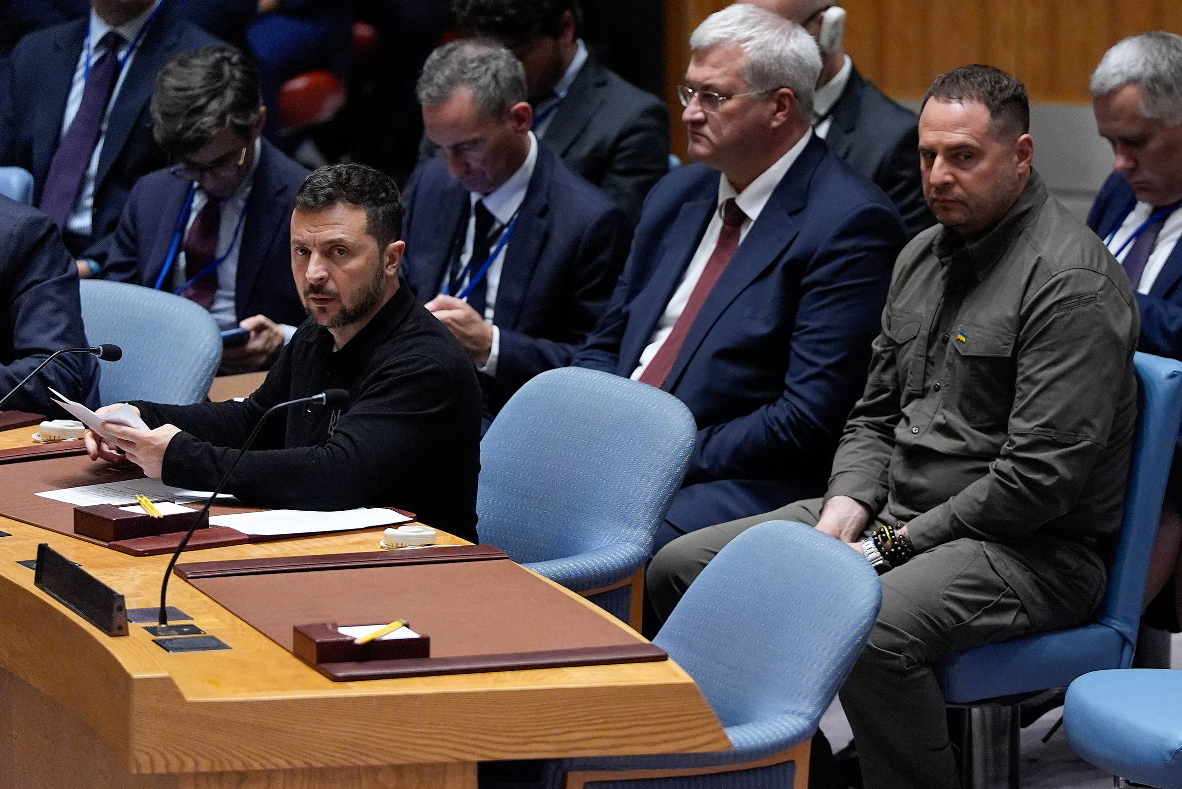 Ukrainian President Volodymyr Zelensky attends a UN Security Council meeting on the conflict between Ukraine and Russia at the United Nations headquarters in New York City on Sept. 24, 2024. 