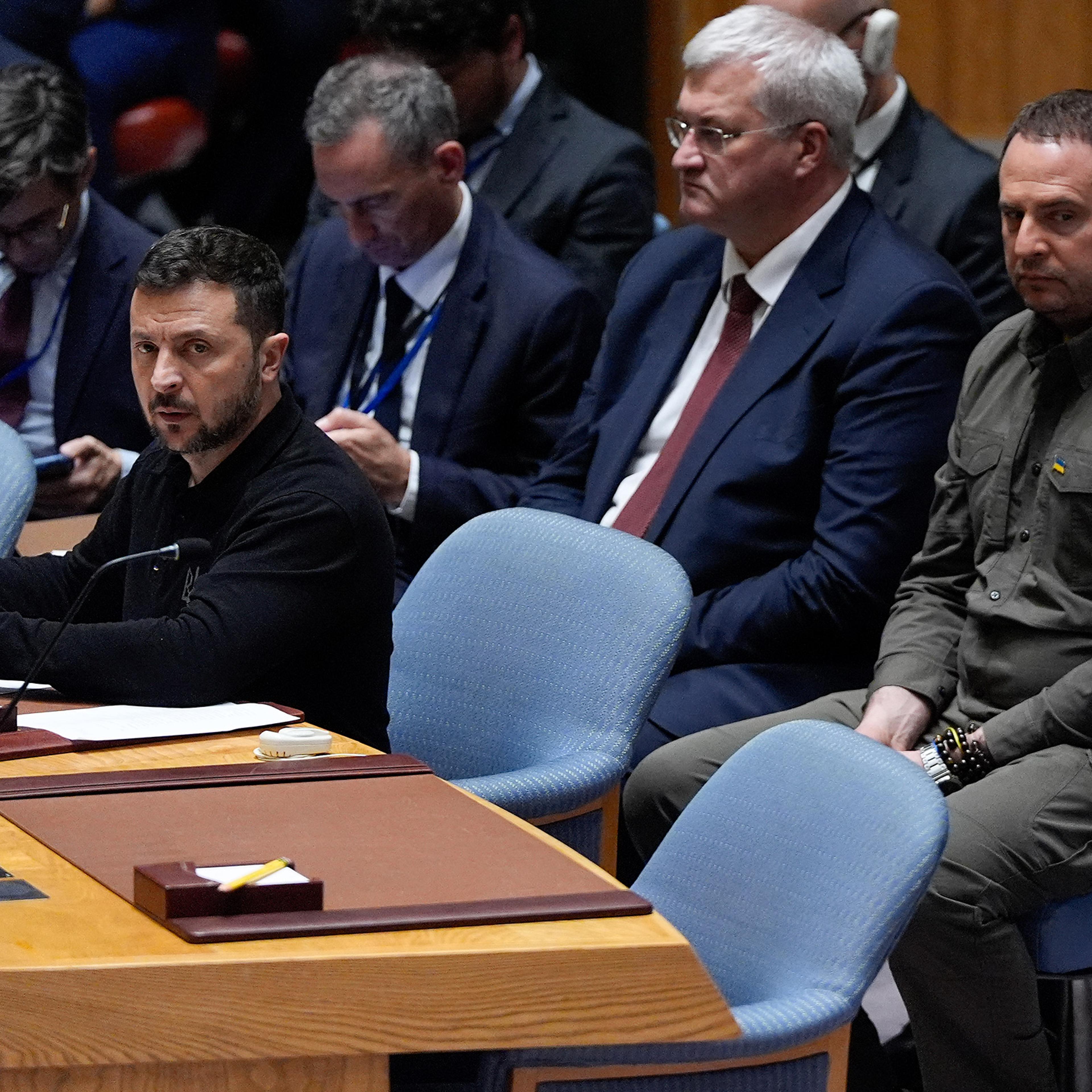 Ukrainian President Volodymyr Zelensky attends a UN Security Council meeting on the conflict between Ukraine and Russia at the United Nations headquarters in New York City on Sept. 24, 2024.